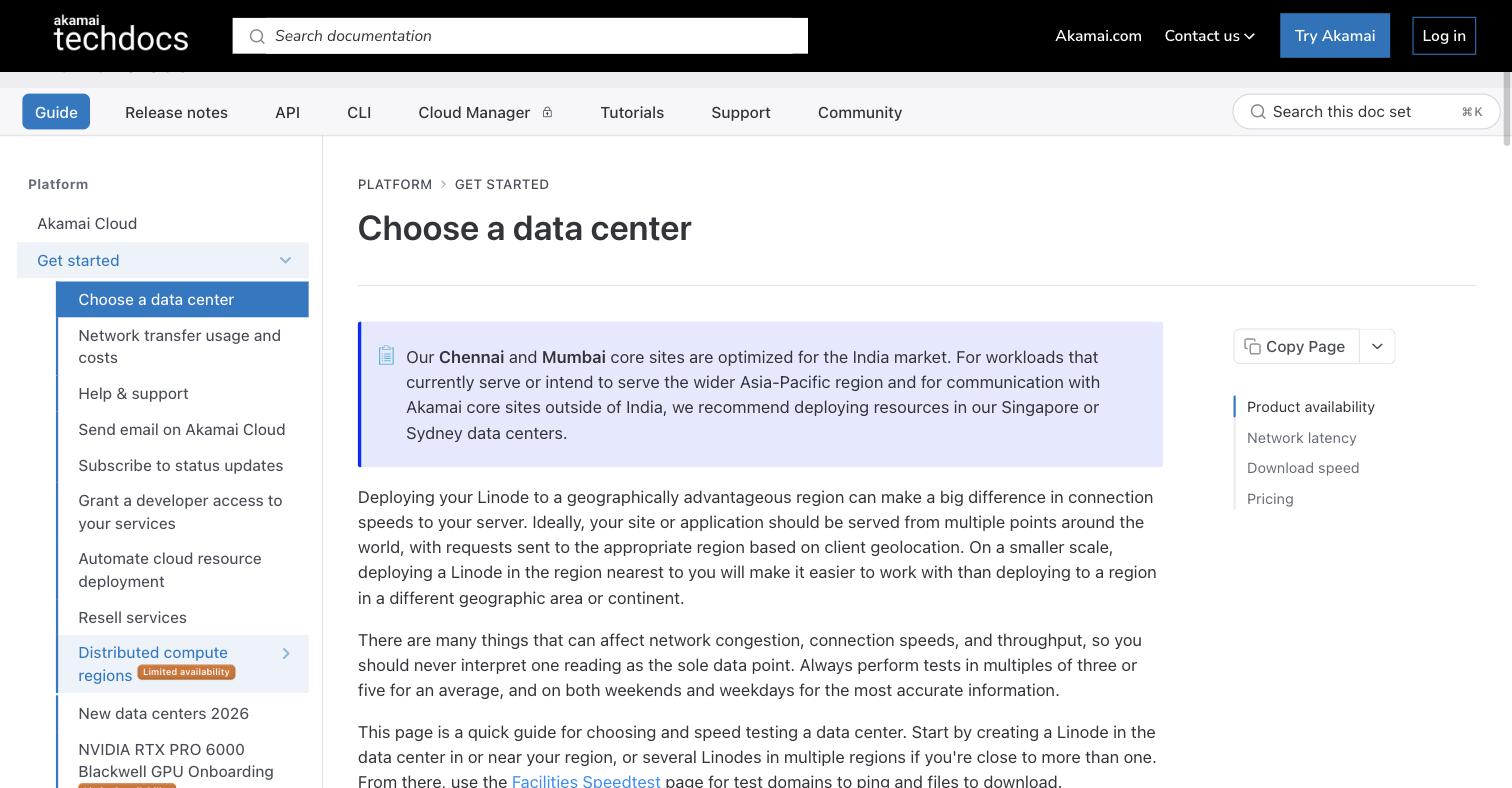 Akamai Cloud (Linode) 'Choose a data center' documentation: Asia-Pacific guidance recommending Singapore or Sydney, and a region matrix grouped into North America, Asia, Europe, Oceania and South America with no mainland-China location
