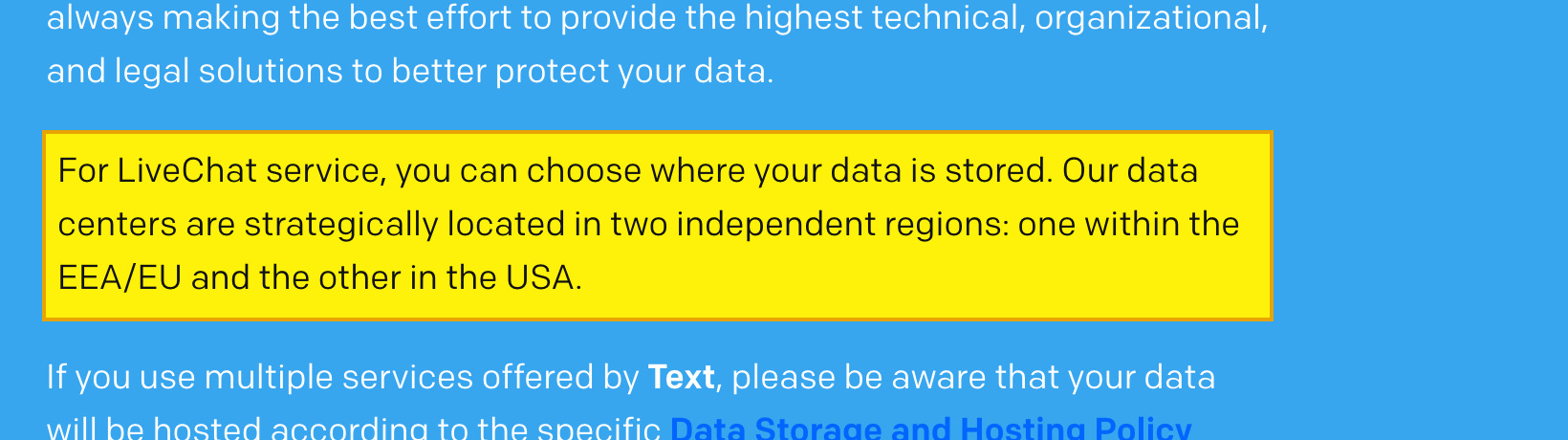 LiveChat's Data Center in Europe page stating its data centers are in two independent regions — one within the EEA/EU and the other in the USA — with no mainland-China region