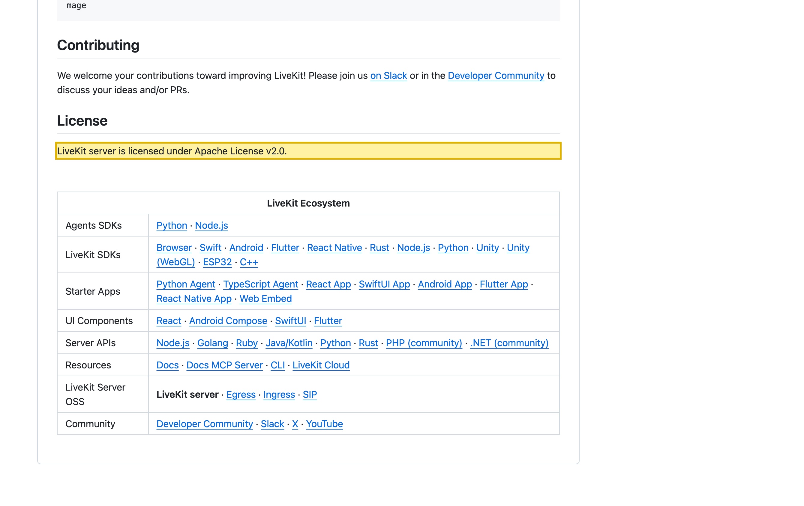 LiveKit's own GitHub repository README, showing that the LiveKit server — a scalable, distributed WebRTC SFU — is licensed under Apache License v2.0 and is easy to deploy as a single binary, Docker or Kubernetes: the basis for self-hosting the media server on your own in-country infrastructure.