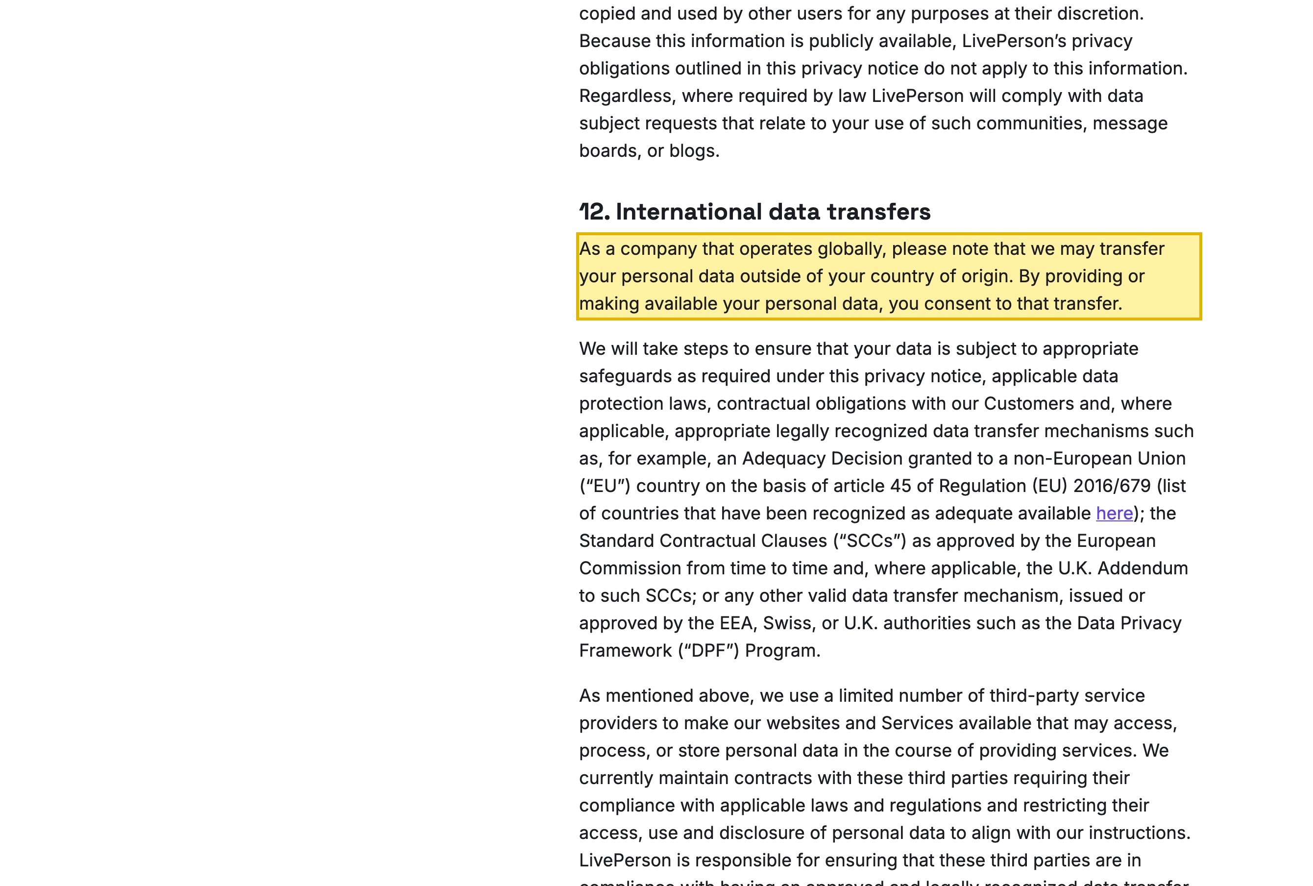 LivePerson's privacy notice stating that it operates globally and may transfer your personal data outside your country of origin, on Standard Contractual Clauses and the EU-U.S. Data Privacy Framework, with no mainland-China region