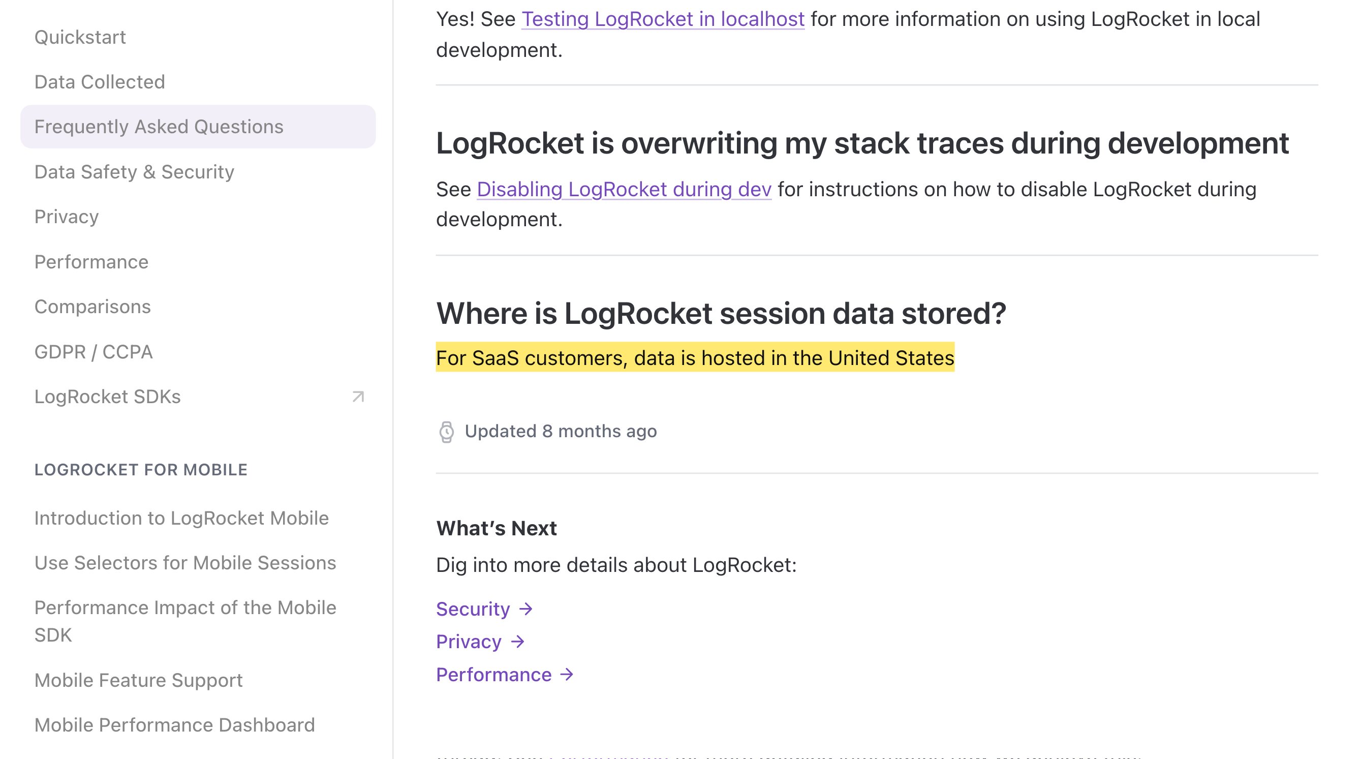 LogRocketのドキュメントのFAQ。SaaSの顧客についてデータは米国にホストされると述べ、中国本土のリージョンは挙げられていない