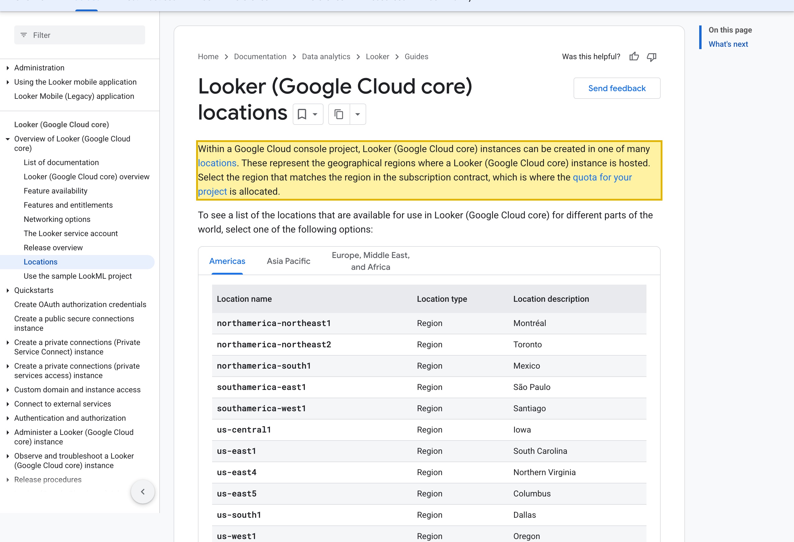 Google Cloud's Looker (Google Cloud core) locations documentation listing the Asia Pacific regions where a Looker instance can be hosted — asia-east1 in Taiwan and asia-east2 in Hong Kong — with no region inside mainland China