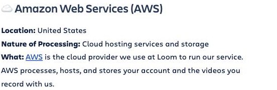 Loom (Atlassian) privacy page showing AWS as the cloud provider that processes, hosts, and stores Loom account data and recorded videos, with AWS's sub-processor location listed as United States — and no mainland-China location