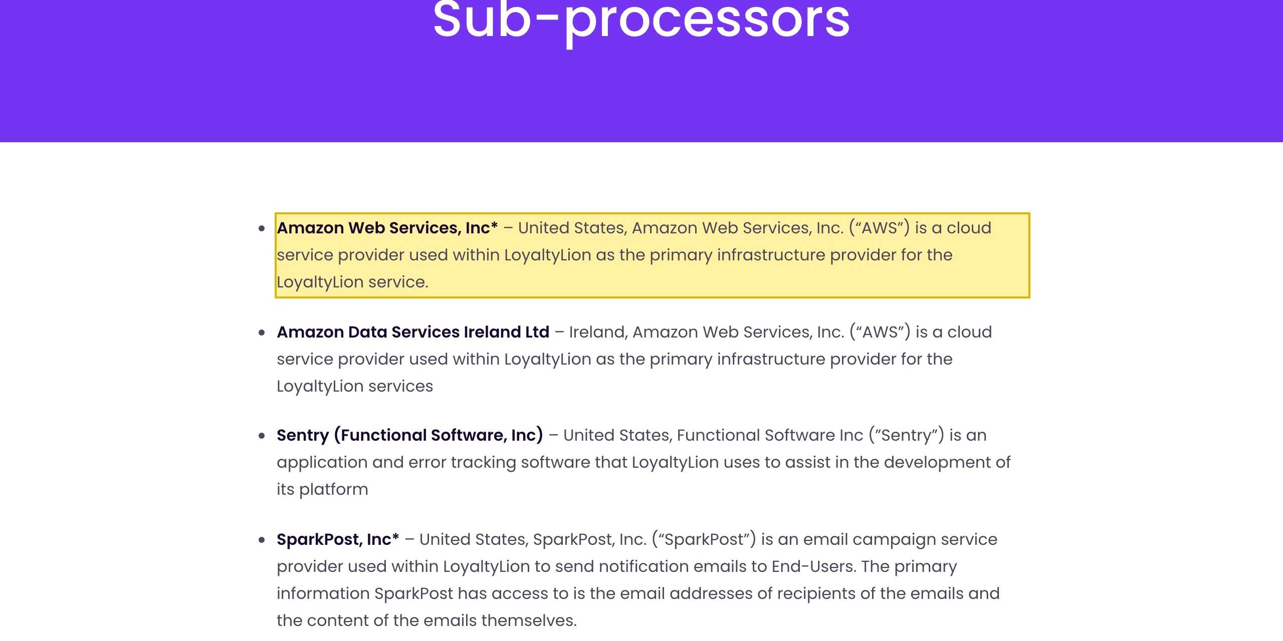 LoyaltyLionのSub-processorsページ。米国のAmazon Web Servicesを主要インフラプロバイダーとして挙げ、さらに米国・アイルランド・EUのサブプロセッサーを記し、中国本土にはない