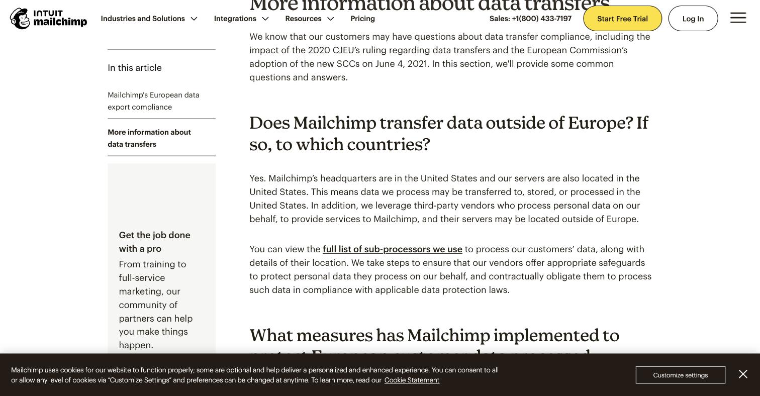 Mailchimpの欧州データ移転に関するヘルプページ。Mailchimpの本社が米国にあり、サーバーも米国に所在し、処理するデータが米国へ移転・保存・処理されうると記載