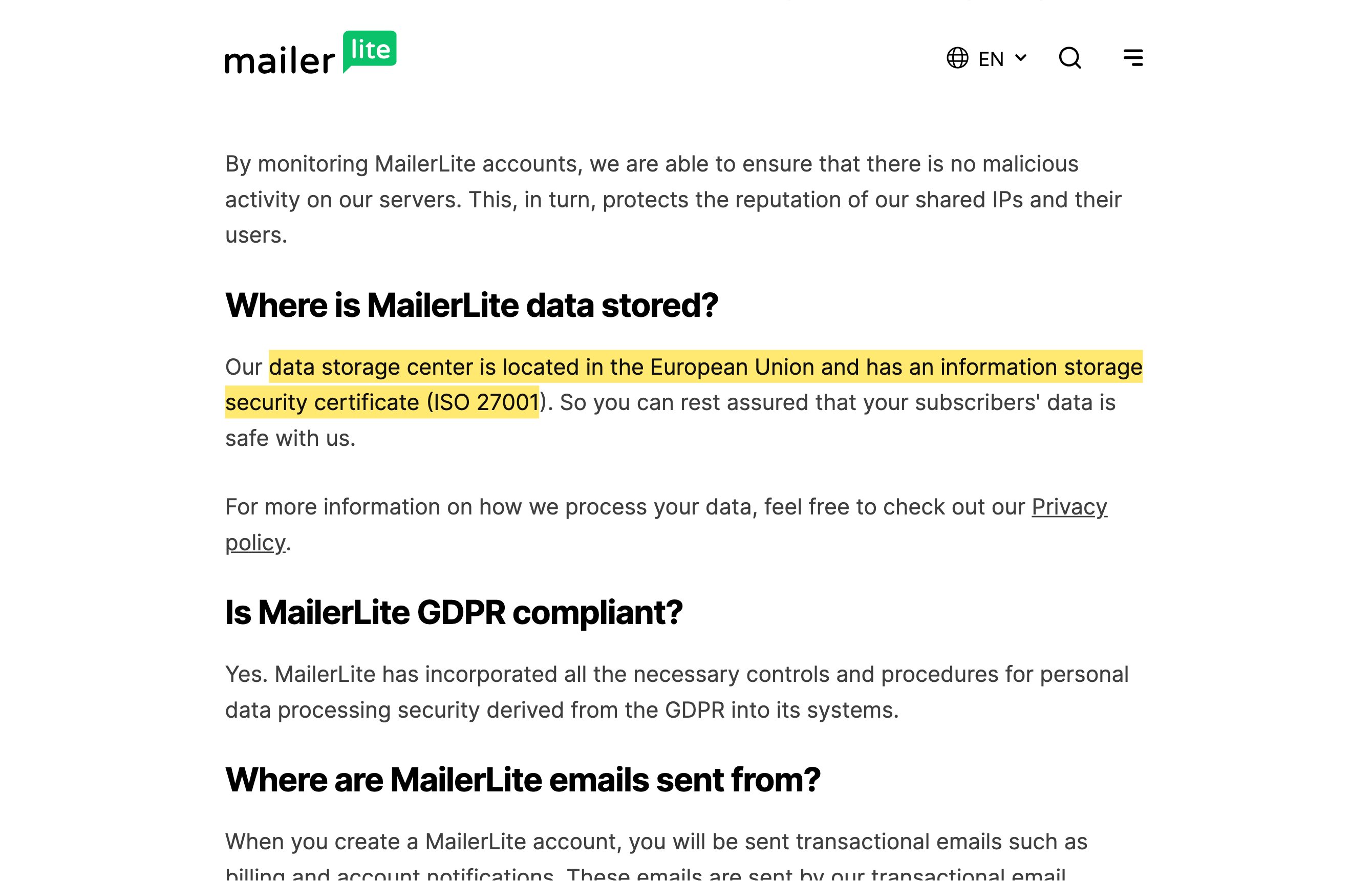 MailerLiteのヘルプセンター記事「Is my data safe with MailerLite」。データ保存センターが欧州連合に所在し、ISO 27001の情報保存セキュリティ認証を持つと記載し、中国本土のリージョンは名指していない