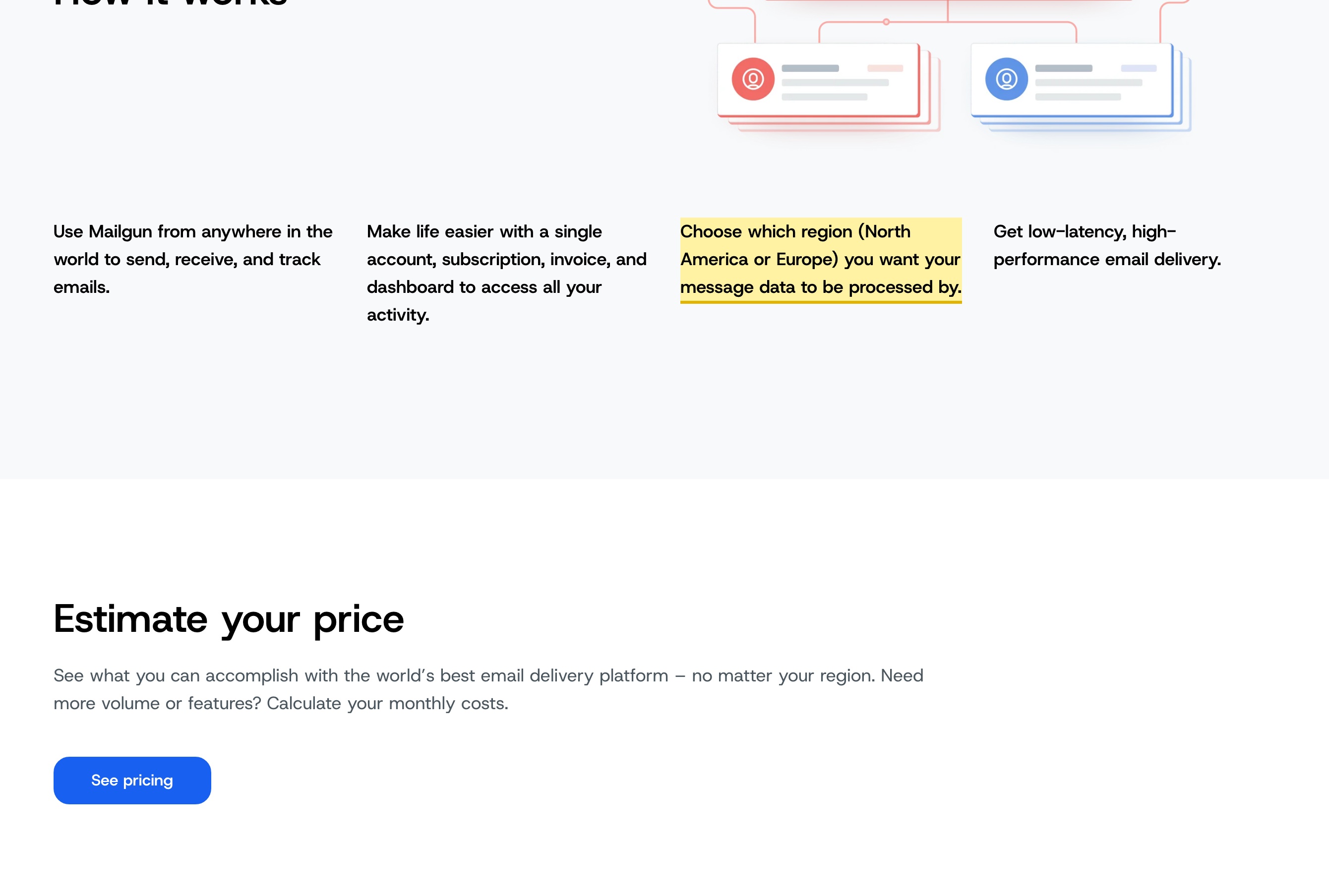 Mailgun Regions page stating that you choose whether your message data is processed in the North America or the Europe region — the only two regions, with no mainland-China region — and that message data never leaves the region in which it is processed