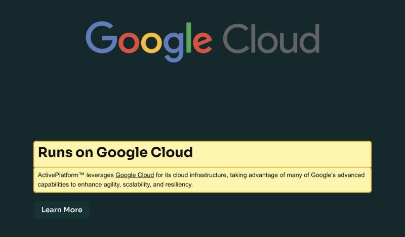 Manhattan Associates' own ActivePlatform page, under the heading 'Runs on Google Cloud', stating that Manhattan Active leverages Google Cloud for its cloud infrastructure — a hyperscaler that operates no mainland-China region