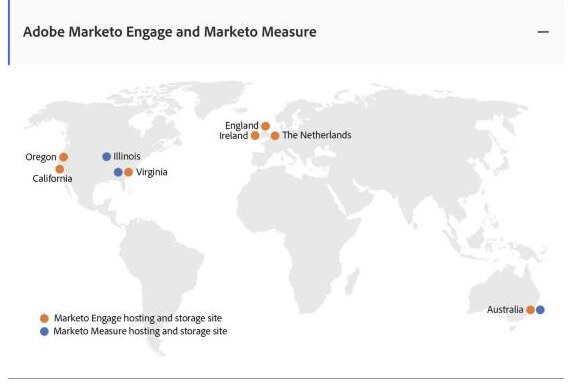 Adobe Experience Cloud のホスティング拠点のページ。Adobe Marketo エンゲージと Marketo Measure のホスティングと保存の地図を示し、米国・欧州・オーストラリアに拠点があり、中国本土には一つもない