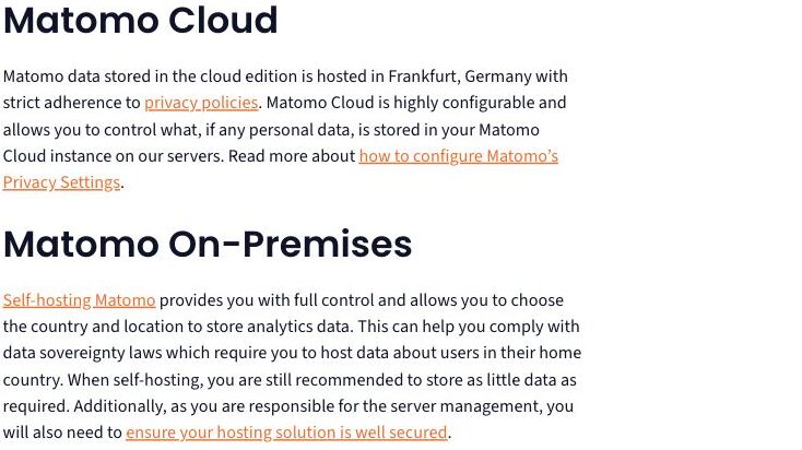 Matomo data sovereignty FAQ stating that cloud-edition data is hosted in Frankfurt, Germany, while self-hosting lets you choose the country and location to store analytics data, with no mainland-China region
