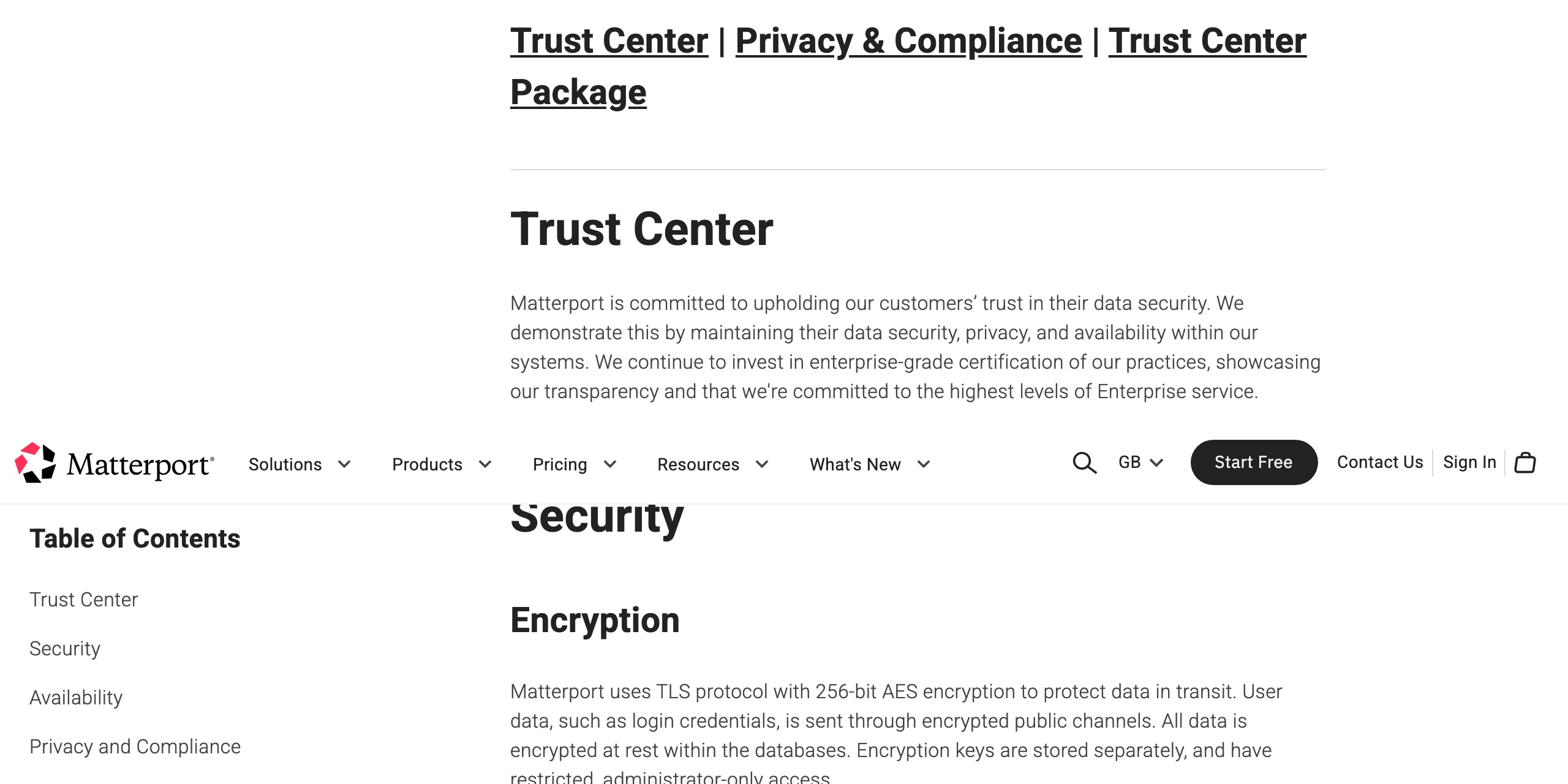 Matterport Trust page, Data center security and Sub-processors sections, stating its infrastructure is hosted within Amazon's AWS ecosystem and its sub-processors are located in the United States and Australia, with no mainland-China location