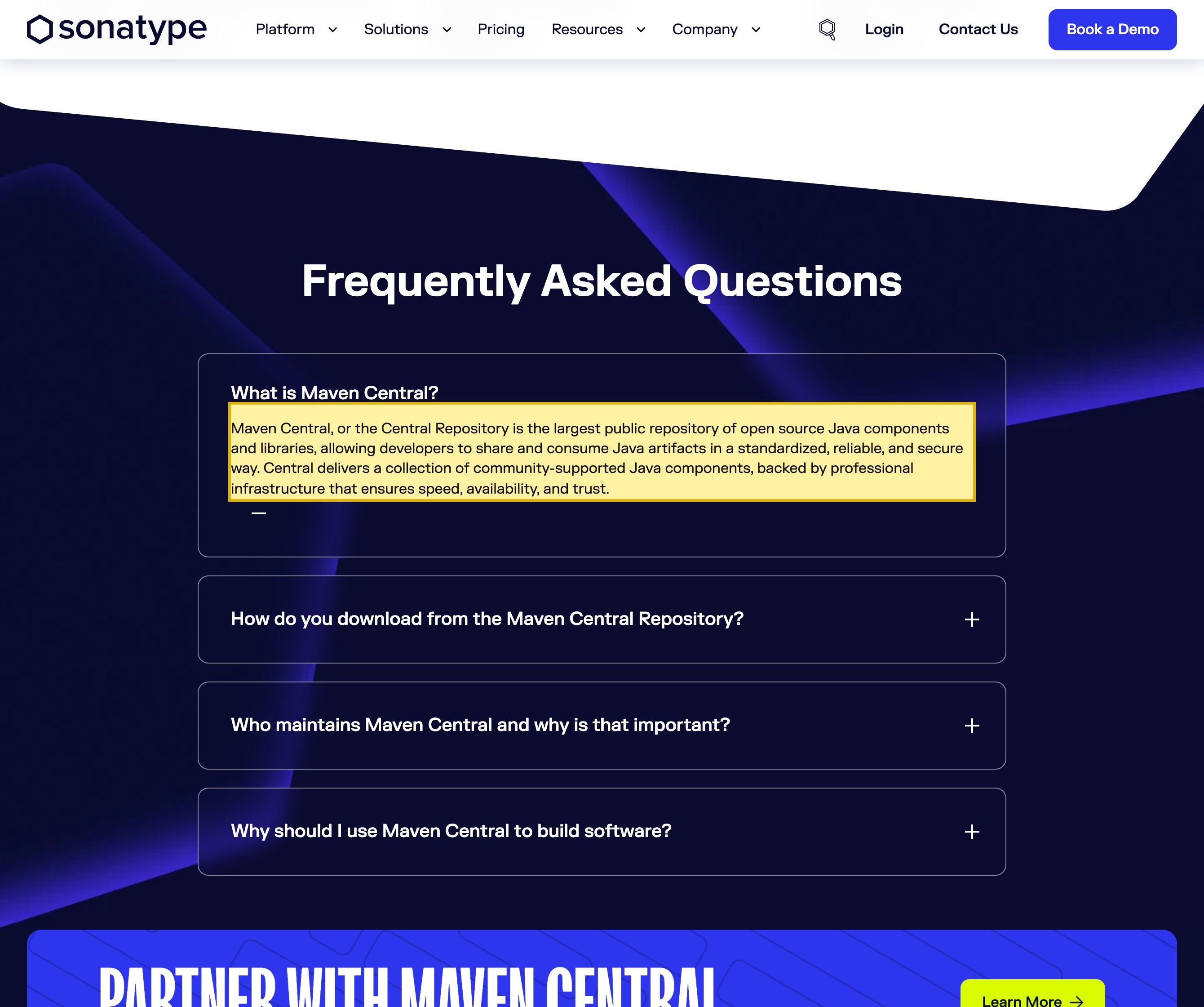 Sonatype's Maven Central Repository product page stating that Maven Central is the largest public repository of open source Java components and libraries, professionally managed by Sonatype