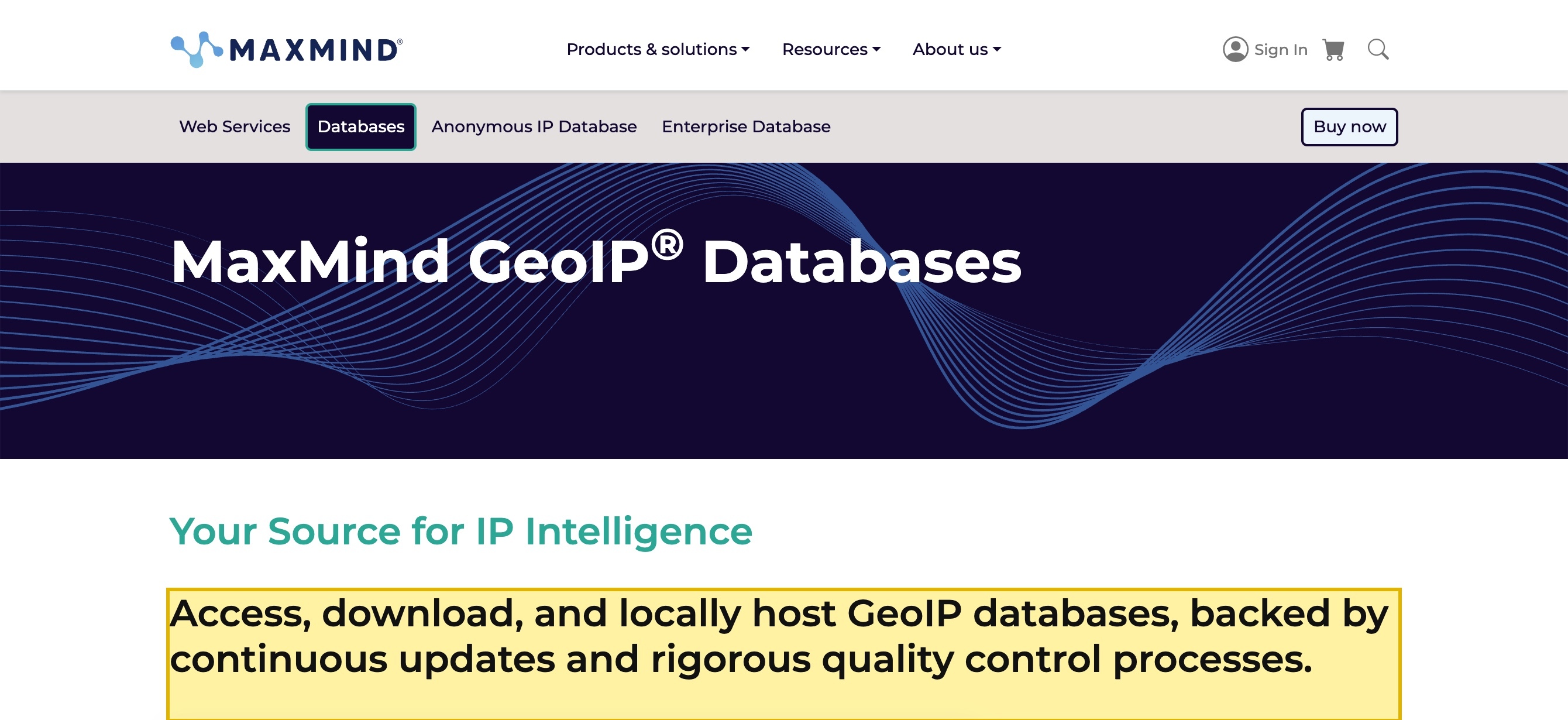 MaxMind's GeoIP Databases product page, showing both a downloadable, locally-hosted database option in MMDB or CSV format and a separate hosted GeoIP web-services option on MaxMind's own servers.