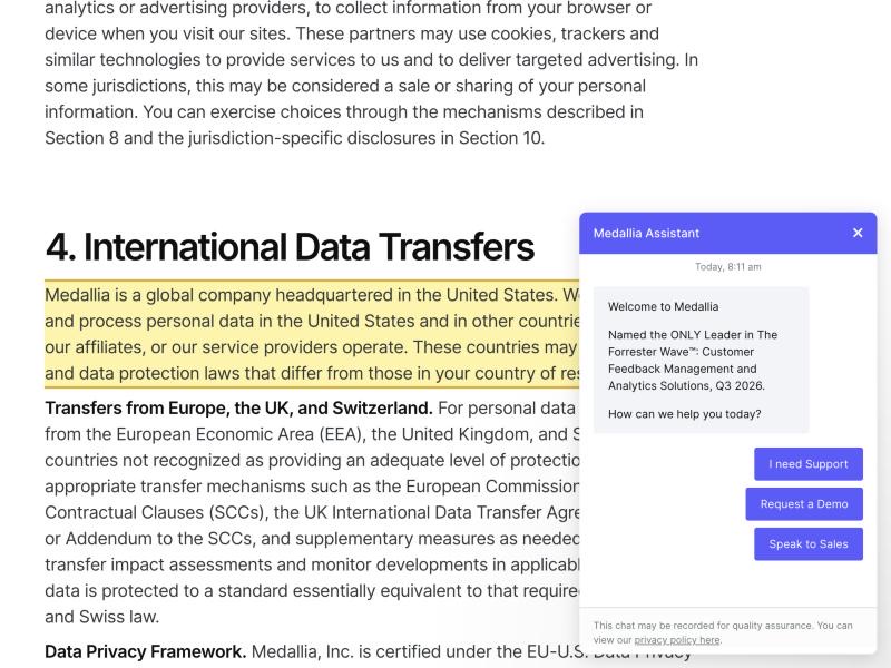 Medallia Global Privacy Policy, Section 4 International Data Transfers, stating Medallia may transfer and process personal data in the United States and in other countries where it, its affiliates, or its service providers operate — with no mainland-China location