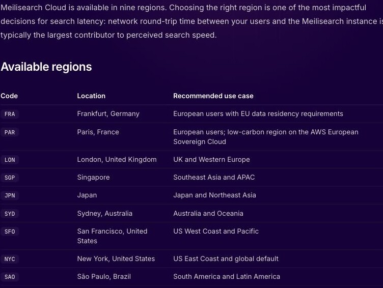 Meilisearch Docs regions page listing nine Meilisearch Cloud regions — Frankfurt, Paris, London, Singapore, Japan, Sydney, San Francisco, New York and São Paulo — with no mainland-China location