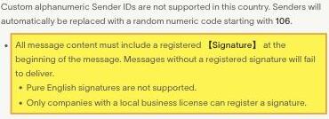 Bird's (formerly MessageBird) own 'SMS to China' destination page, stating that all message content must include a registered signature at the beginning of the message, that messages without a registered signature fail to deliver, that only companies with a local business license can register a signature, that all templates must be whitelisted before sending, and that senders are automatically replaced with a random numeric code starting with 106