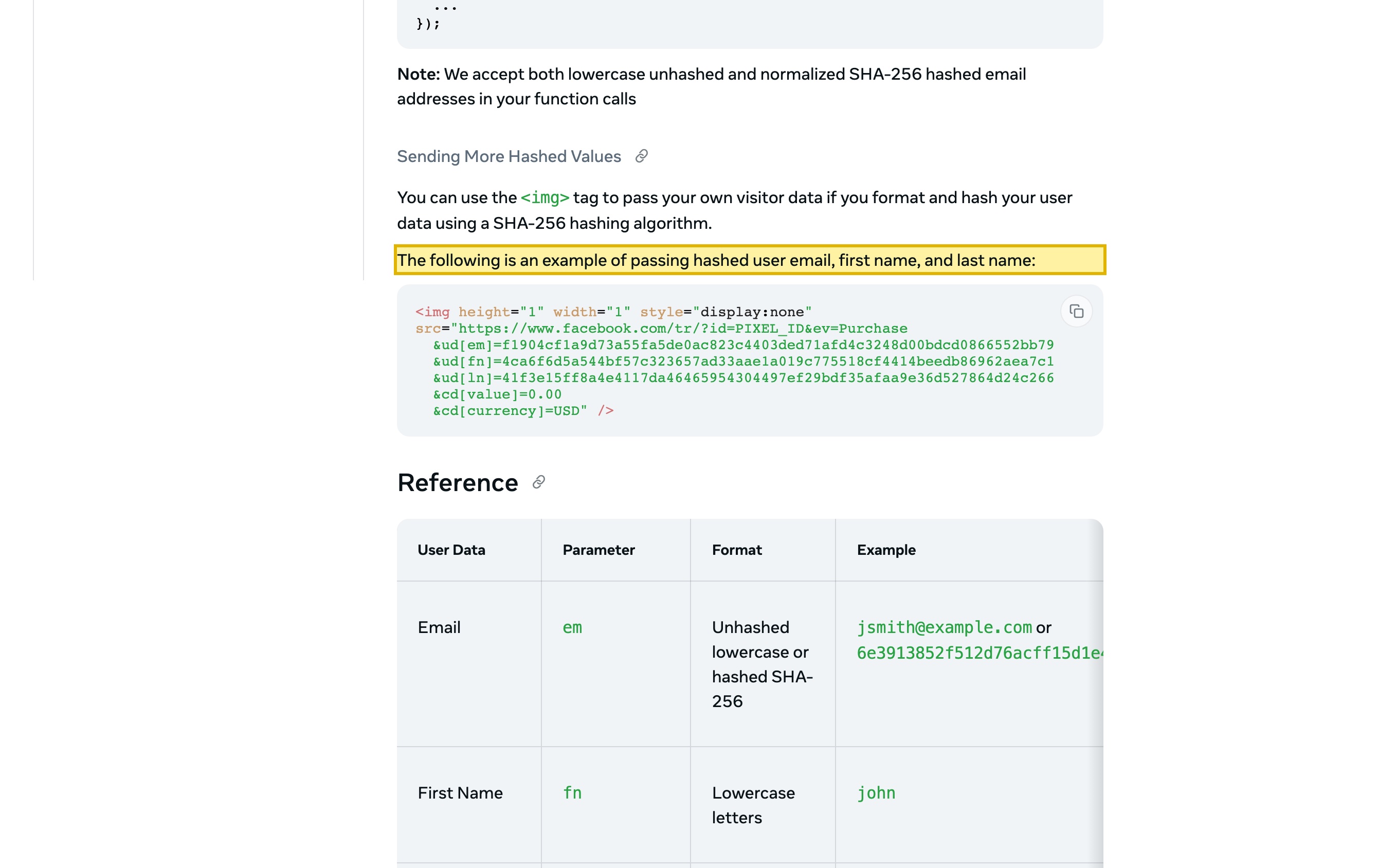 Meta for Developers documentation for Advanced Matching, showing the Meta Pixel passing a visitor's hashed email, first name and last name to Meta, with values hashed by the pixel using SHA-256