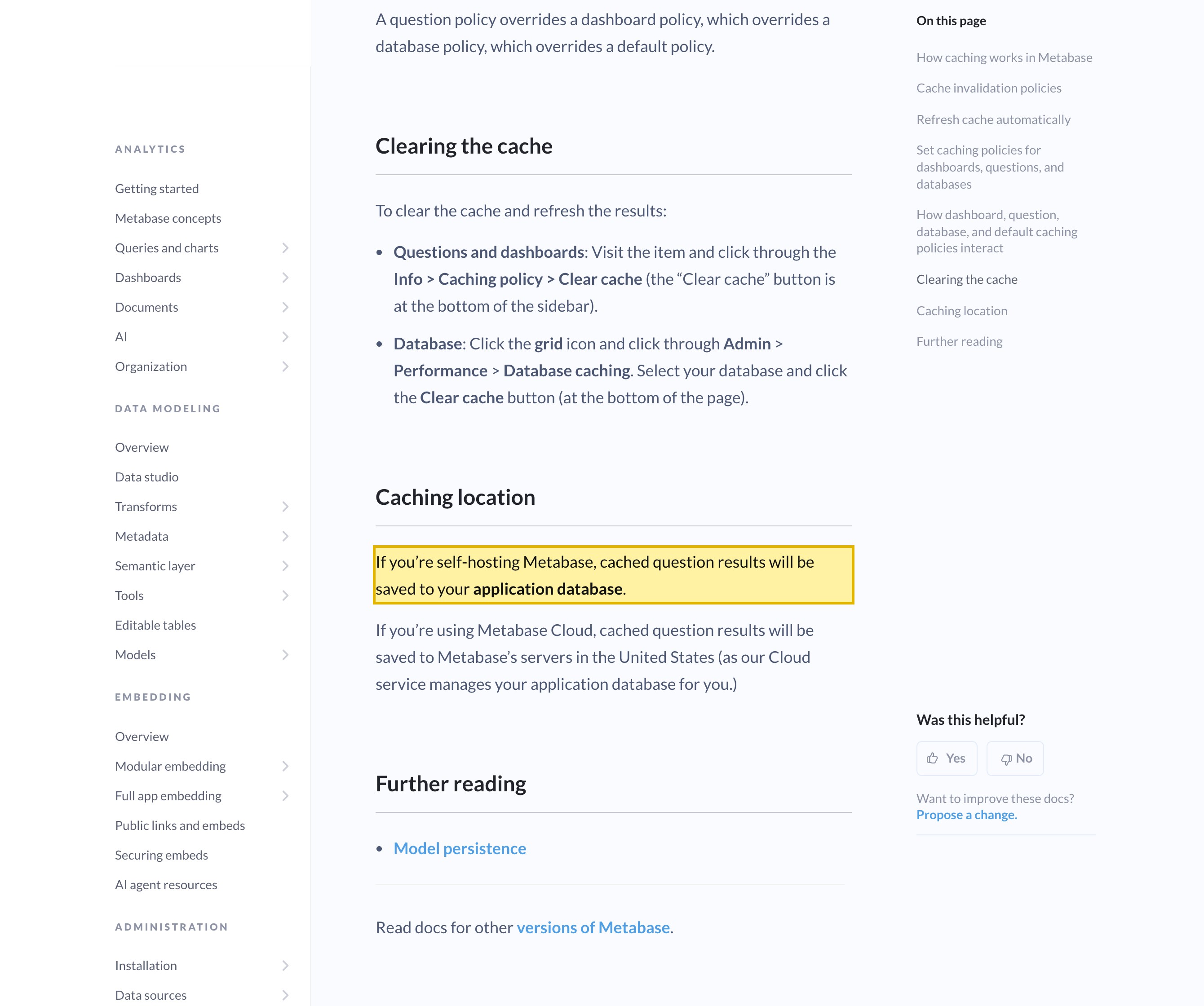 Metabase's caching documentation, 'Caching location' section, stating that a self-hosted Metabase instance saves cached question results to your own application database, while Metabase Cloud saves them to Metabase's servers in the United States