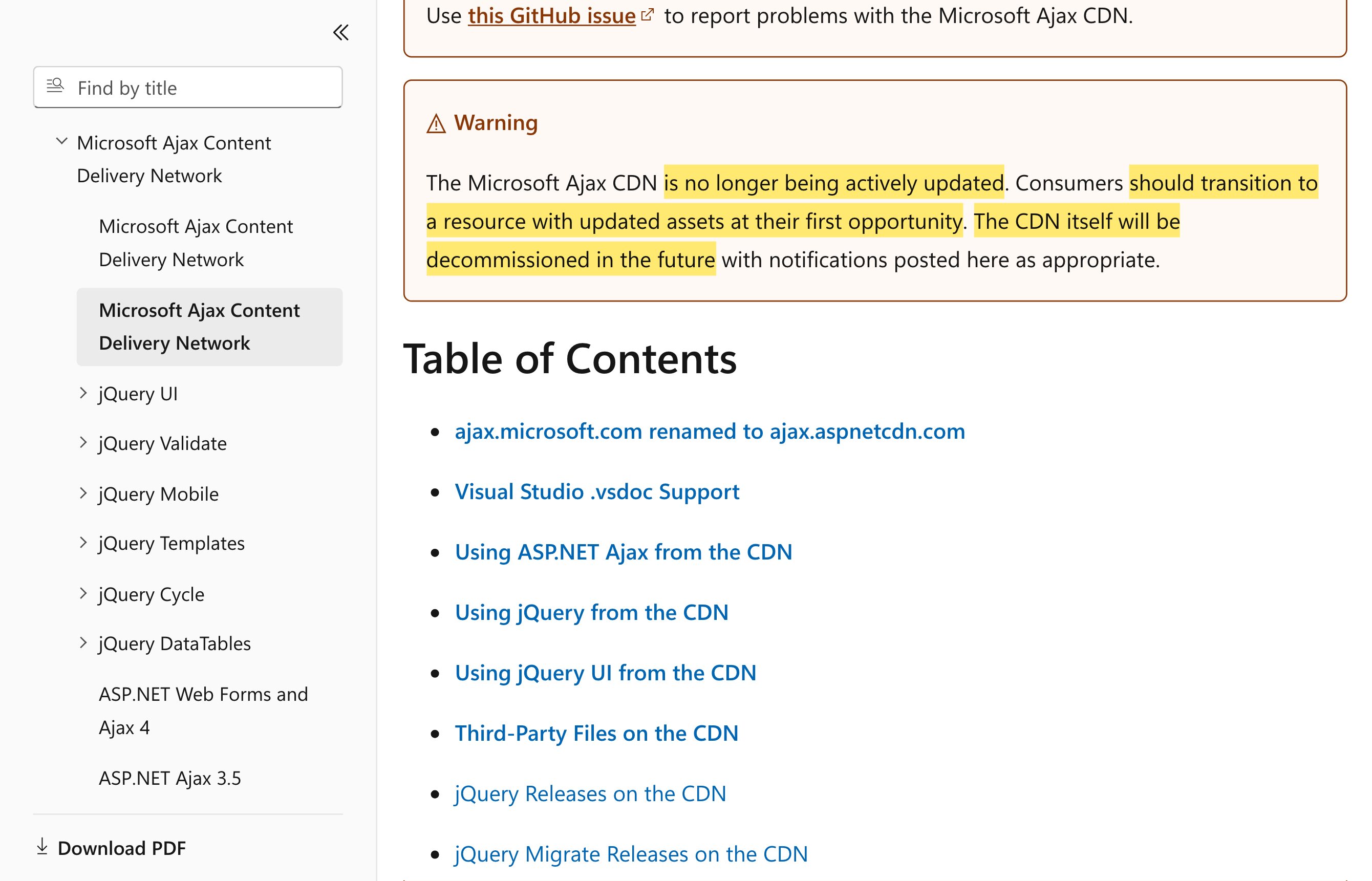 Microsoft Ajax Content Delivery NetworkのMicrosoft Learnのページ. CDNはもはや積極的に更新されておらず将来廃止されること、利用者は更新されたアセットへ移行すべきことを示す警告が表示されている