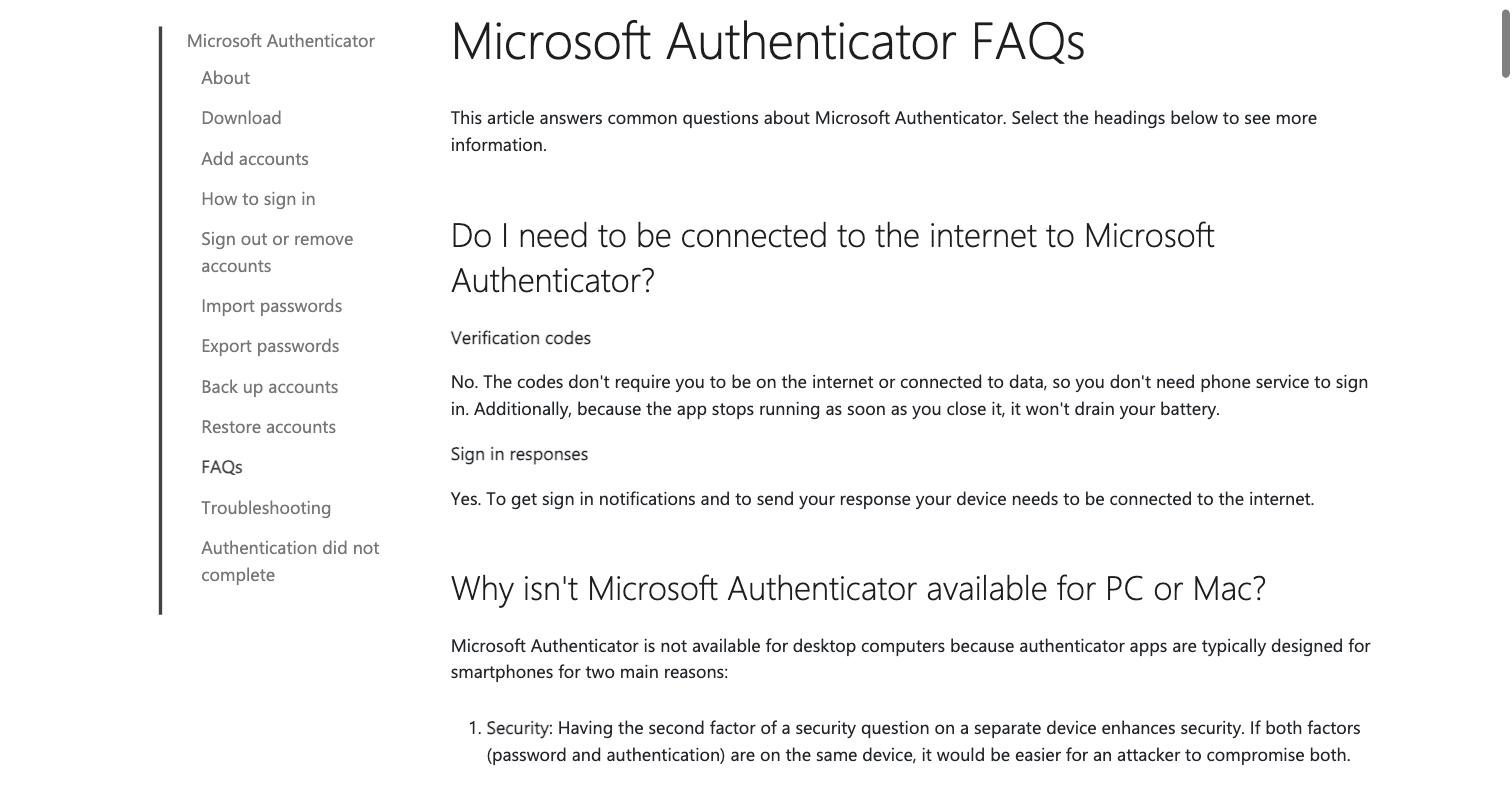 Microsoft Supportのページ「Common questions about the Microsoft Authenticator app」. 検証コードはインターネットやデータ接続を必要とせず、サインイン通知はインターネット接続を必要とすると述べている