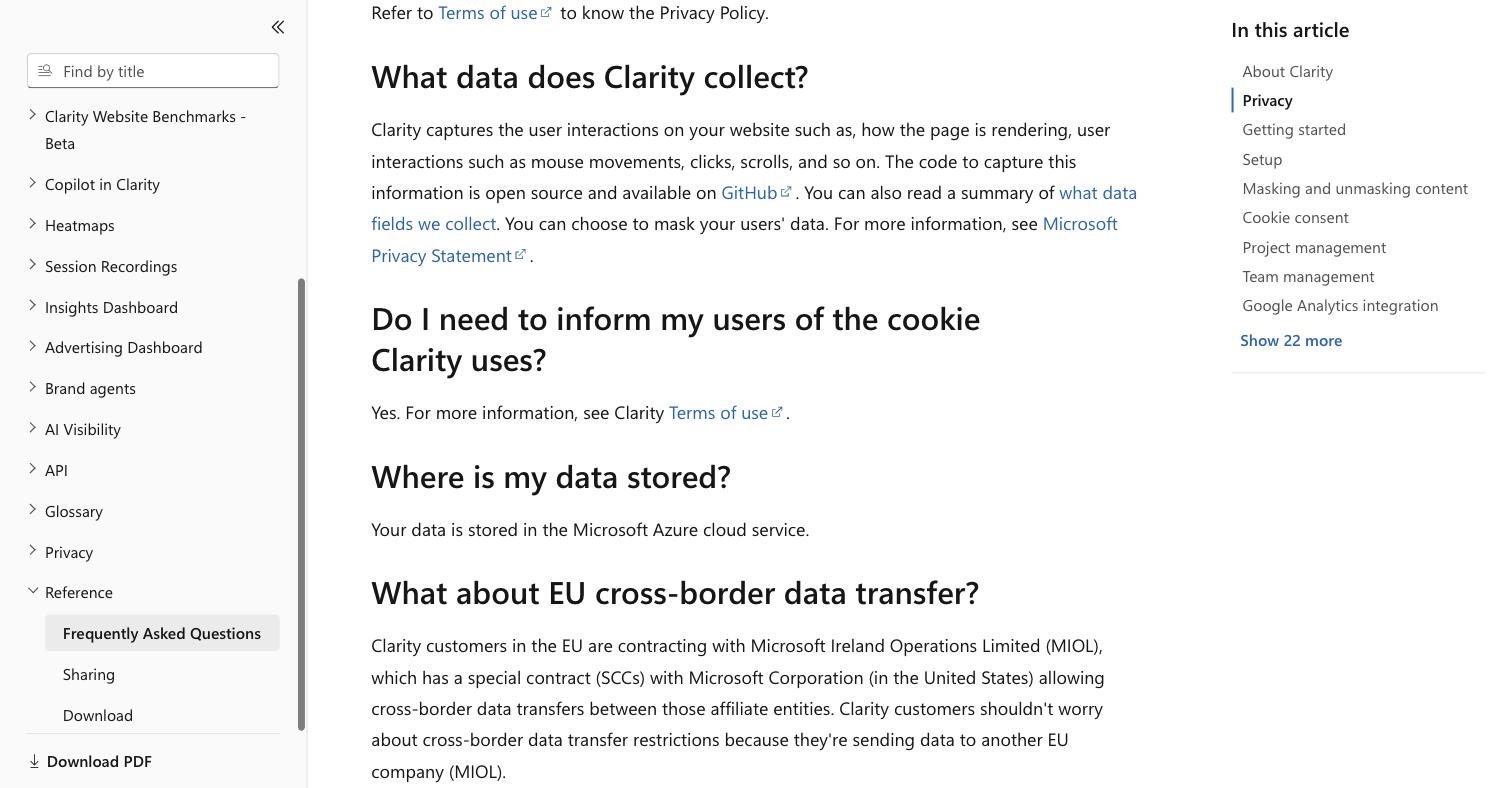 Microsoft LearnのClarity FAQの項目「Where is my data stored? Your data is stored in the Microsoft Azure cloud service」