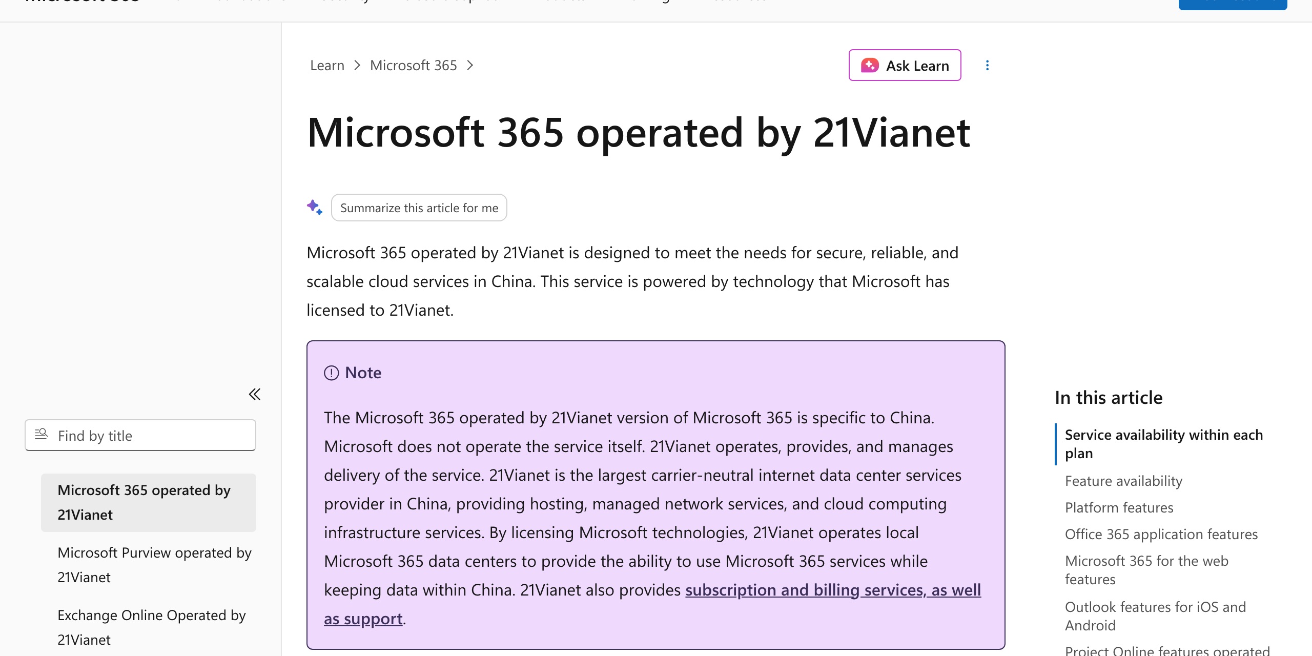 Microsoft Learn page 'Microsoft 365 operated by 21Vianet - Service Descriptions' showing the note that, because the China services are operated by a partner from data centers inside China, some features have not yet been enabled and will reach feature parity over time; Microsoft Copilot does not appear in the plan service-availability tables
