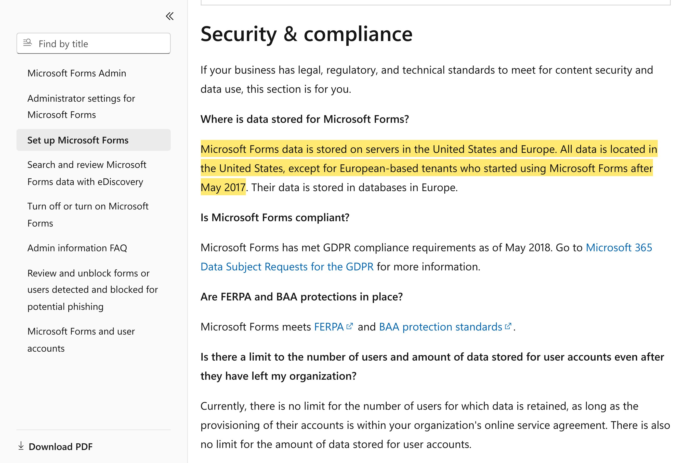 Microsoft の Set up Microsoft Forms 管理ページの Security and compliance の節。「Where is data stored for Microsoft Forms?」に対し、データが米国と欧州のサーバーに保存されると回答し、中国本土の所在地はない