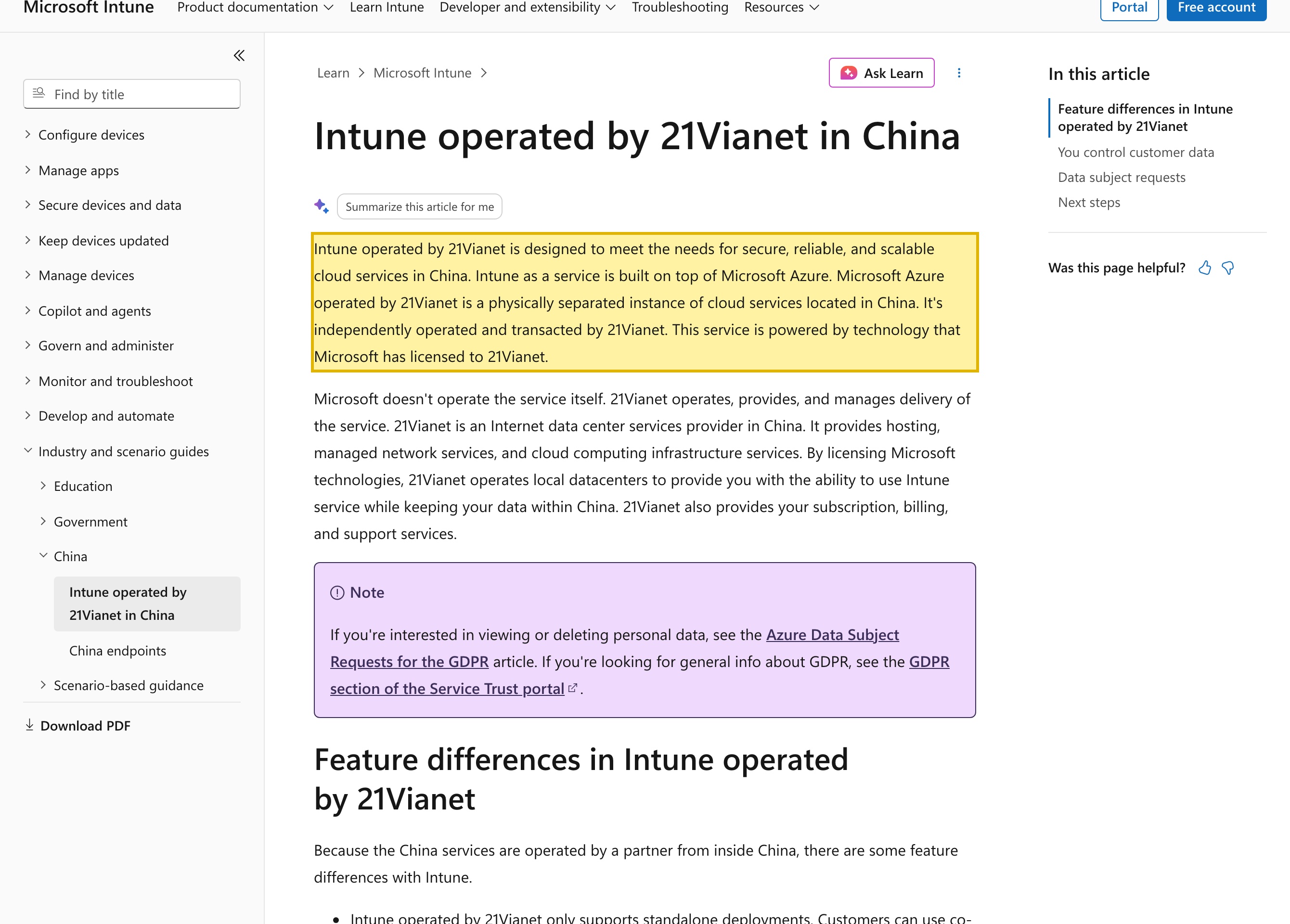 Microsoft Learn page 'Intune operated by 21Vianet in China' stating the service is a physically separated instance of cloud services located in China, that Microsoft does not operate the service itself, that 21Vianet operates, provides, and manages delivery of the service, and that 21Vianet operates local datacenters to provide the ability to use Intune while keeping data within China