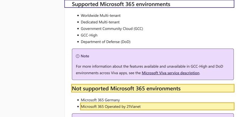 Microsoft Learn 'Environment requirements for Viva Insights' page listing 'Microsoft 365 Operated by 21Vianet' under 'Not supported Microsoft 365 environments', alongside the supported Worldwide, Dedicated and US government clouds.