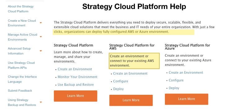 Strategy's own cloud documentation landing page stating that organizations can deploy a fully configured AWS or Azure environment with the Strategy Cloud Platform, listing AWS and Azure as the hosting clouds with no mainland-China region