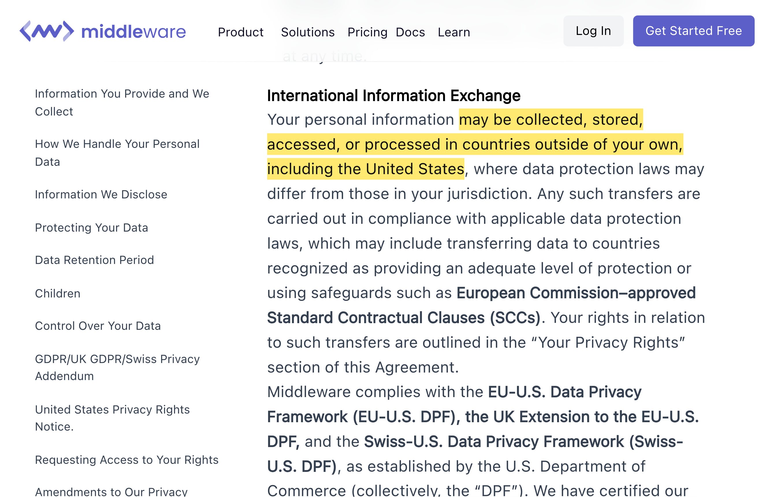 Middleware.ioのプライバシーポリシー。ログ・トレース・メトリクスなどのプラットフォーム機能を通じて送信された個人情報を収集することがあり、その情報は自国外（米国を含む）で収集・保存・アクセス・処理されうると記載