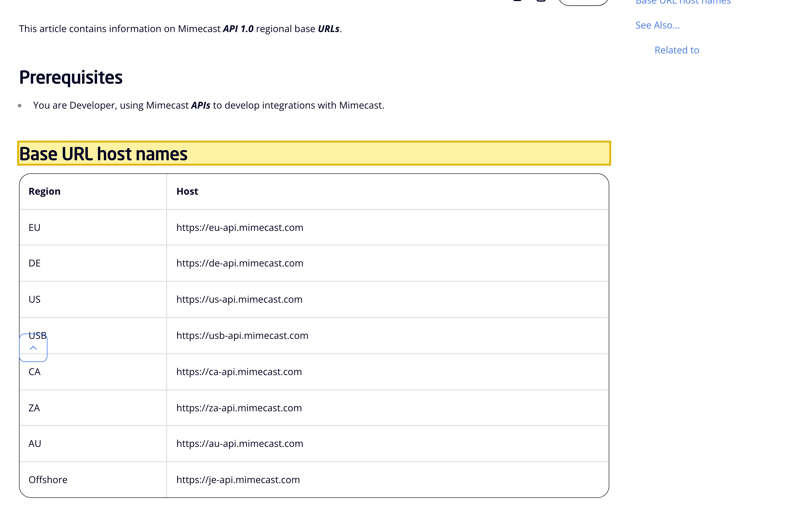 Mimecast's own Knowledge Hub documentation listing its API regional base URLs — EU, DE, US, USB, CA, ZA, AU and Offshore (Jersey) — with no mainland-China region