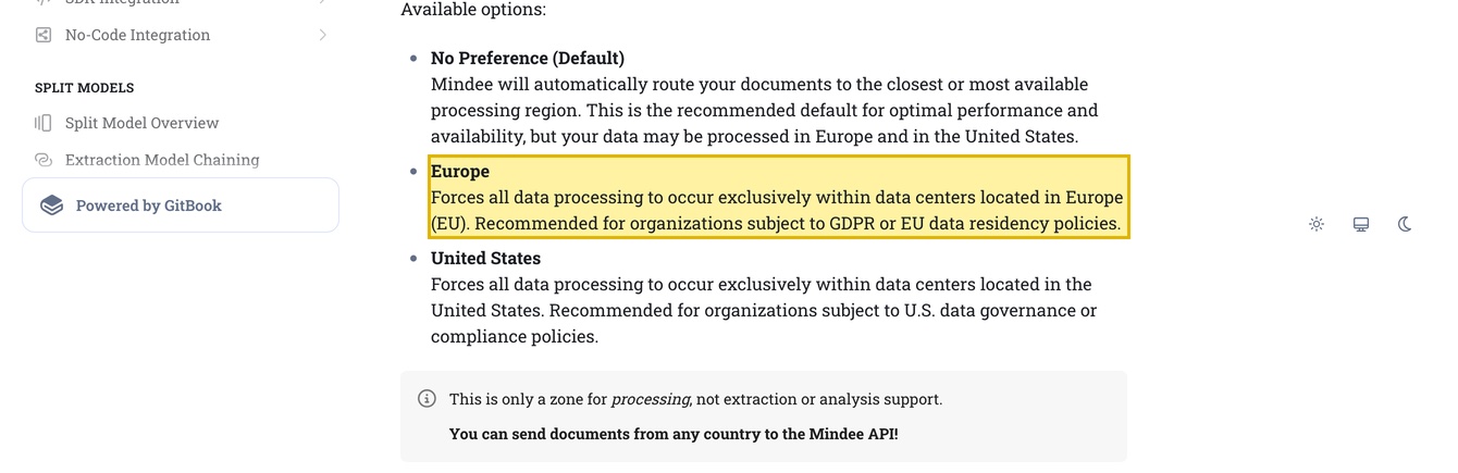 Mindee's Data Processing Policies documentation showing the Processing Zone control, with Europe (EU) and the United States as the only data-center regions and no mainland-China option