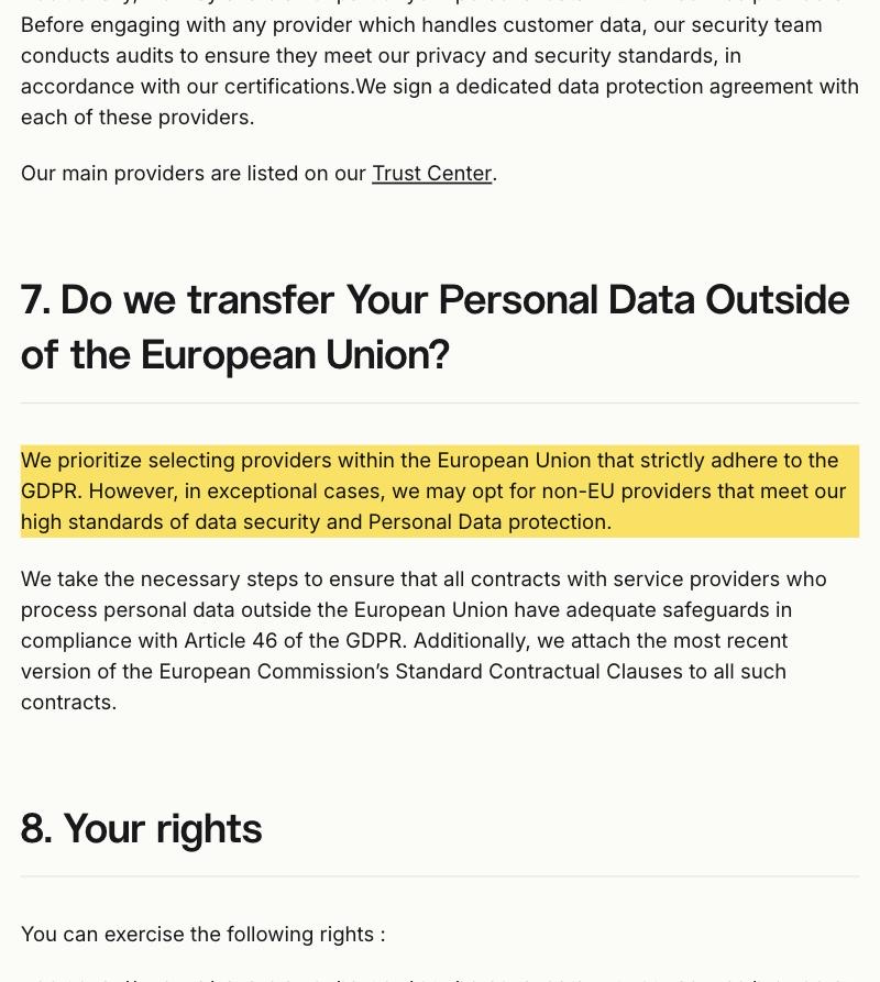 Mistral AI Privacy Policy, Section 7 'Do we transfer Your Personal Data Outside of the European Union?', stating that Mistral prioritizes selecting providers within the European Union that strictly adhere to the GDPR, with the publisher identified as a French company incorporated in Paris