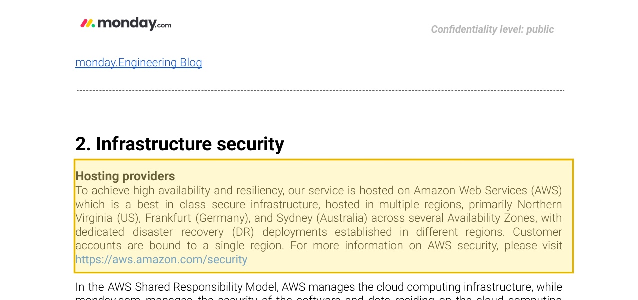 monday.com Security and Privacy white paper, Infrastructure security section under the heading Hosting providers, stating that the service is hosted on Amazon Web Services in multiple regions, primarily Northern Virginia in the US, Frankfurt in Germany, and Sydney in Australia, with customer accounts bound to a single region and mainland China absent from the list