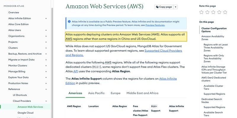 MongoDB Atlas documentation page listing supported AWS regions, stating that Atlas supports all AWS regions other than some regions in China and US GovCloud, with no mainland-China region in the table