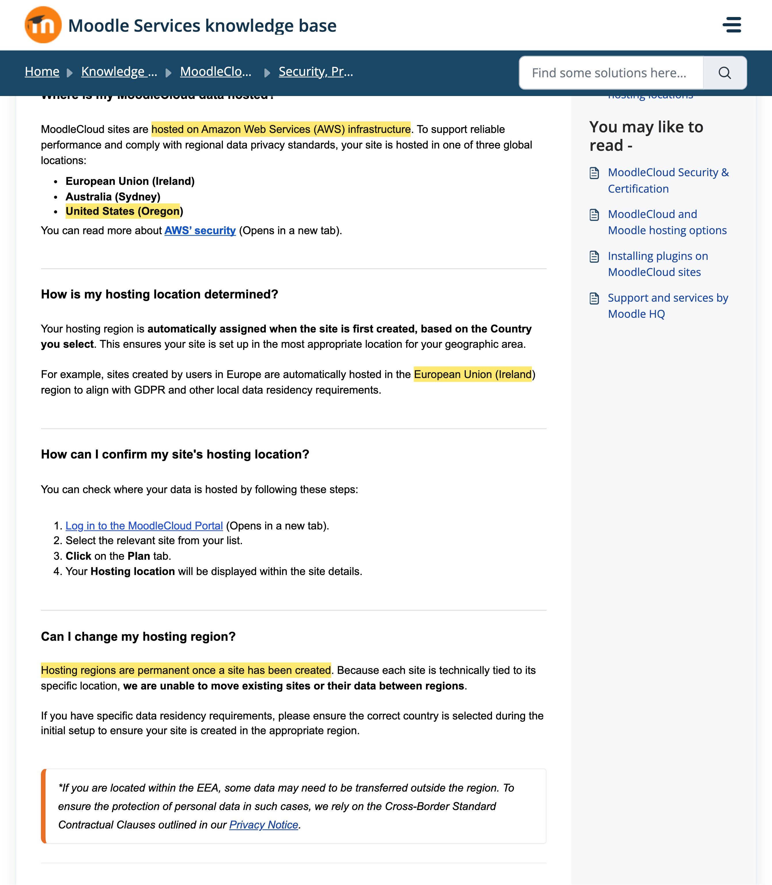 Moodle Servicesのナレッジベースのページ「MoodleCloud data hosting locations」。三つのホスティング地域——欧州連合（アイルランド）・オーストラリア（シドニー）・米国（オレゴン）——を列挙し、中国本土の所在地はない