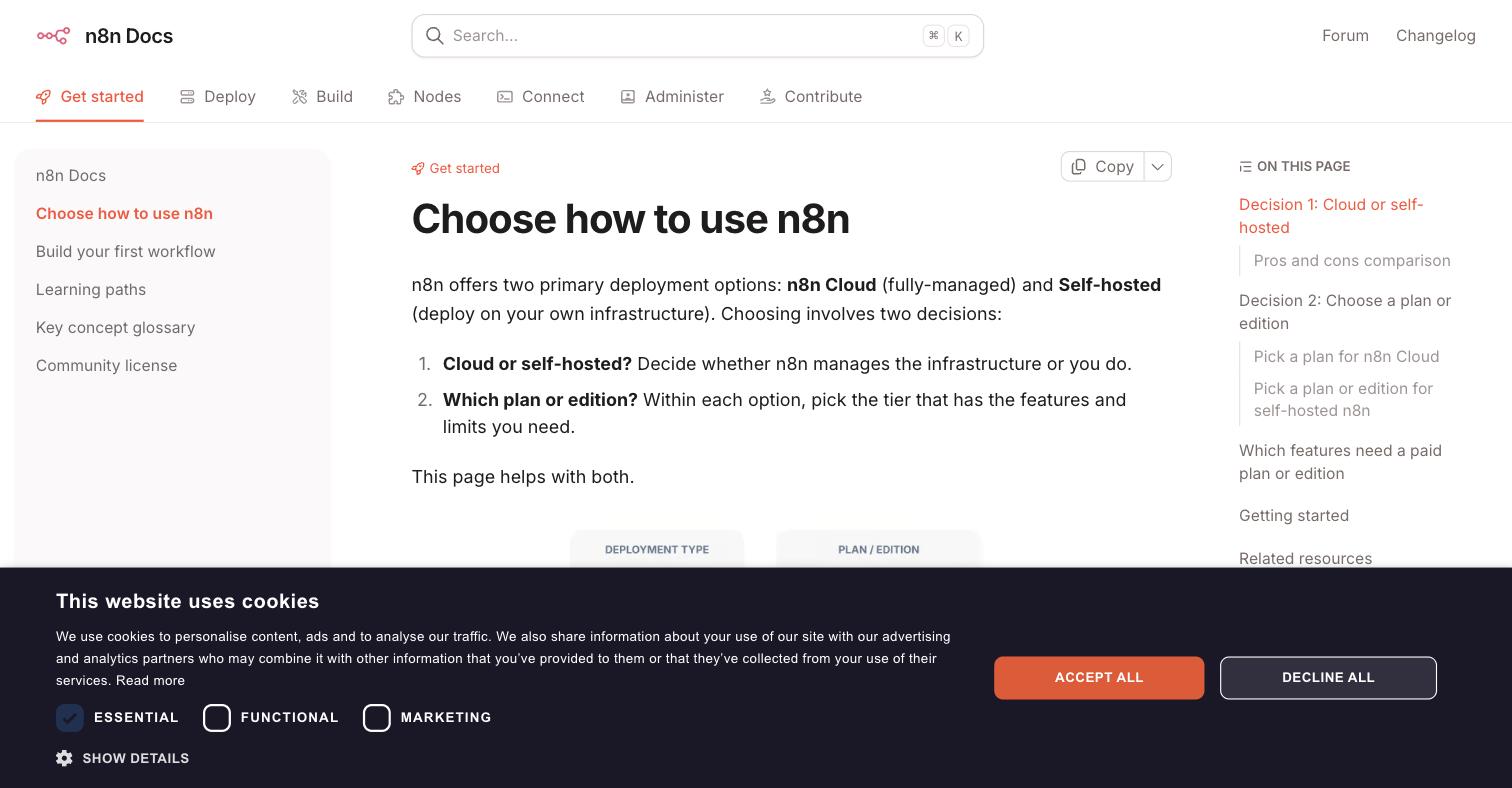 n8n Docs page describing n8n's two deployment options — n8n Cloud (fully-managed, where n8n handles hosting, updates and scaling) and Self-hosted (deployed on your own infrastructure) — with no mainland-China region offered for n8n Cloud