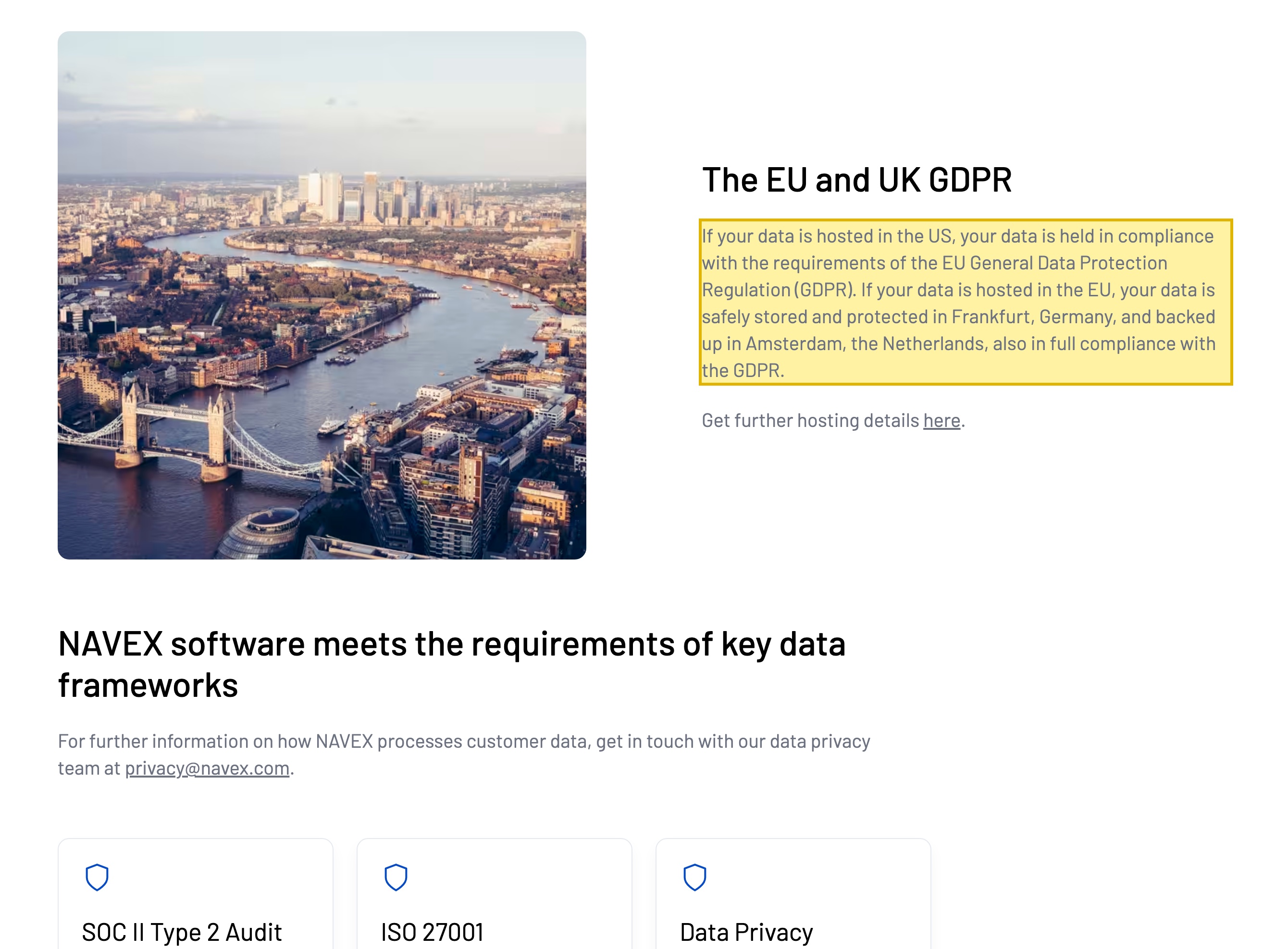 NAVEX's Data Privacy page stating that if your data is hosted in the US it meets the EU GDPR, and if hosted in the EU it is stored in Frankfurt, Germany and backed up in Amsterdam, the Netherlands — naming no mainland-China region