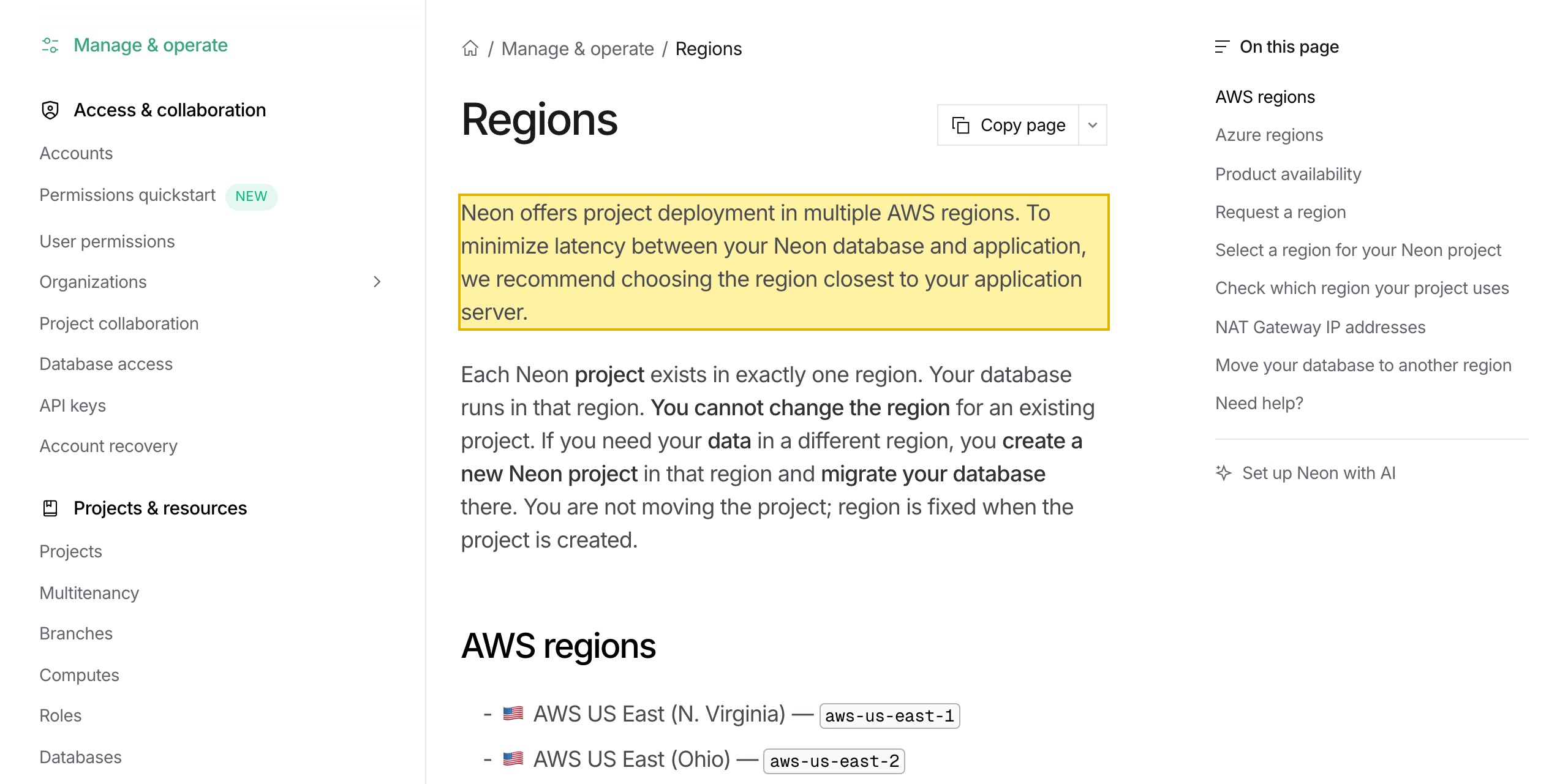 Neon documentation Regions page stating that Neon offers project deployment in multiple AWS regions and listing N. Virginia, Ohio, Oregon, Frankfurt, London, Singapore, Sydney and São Paulo — with no mainland-China region