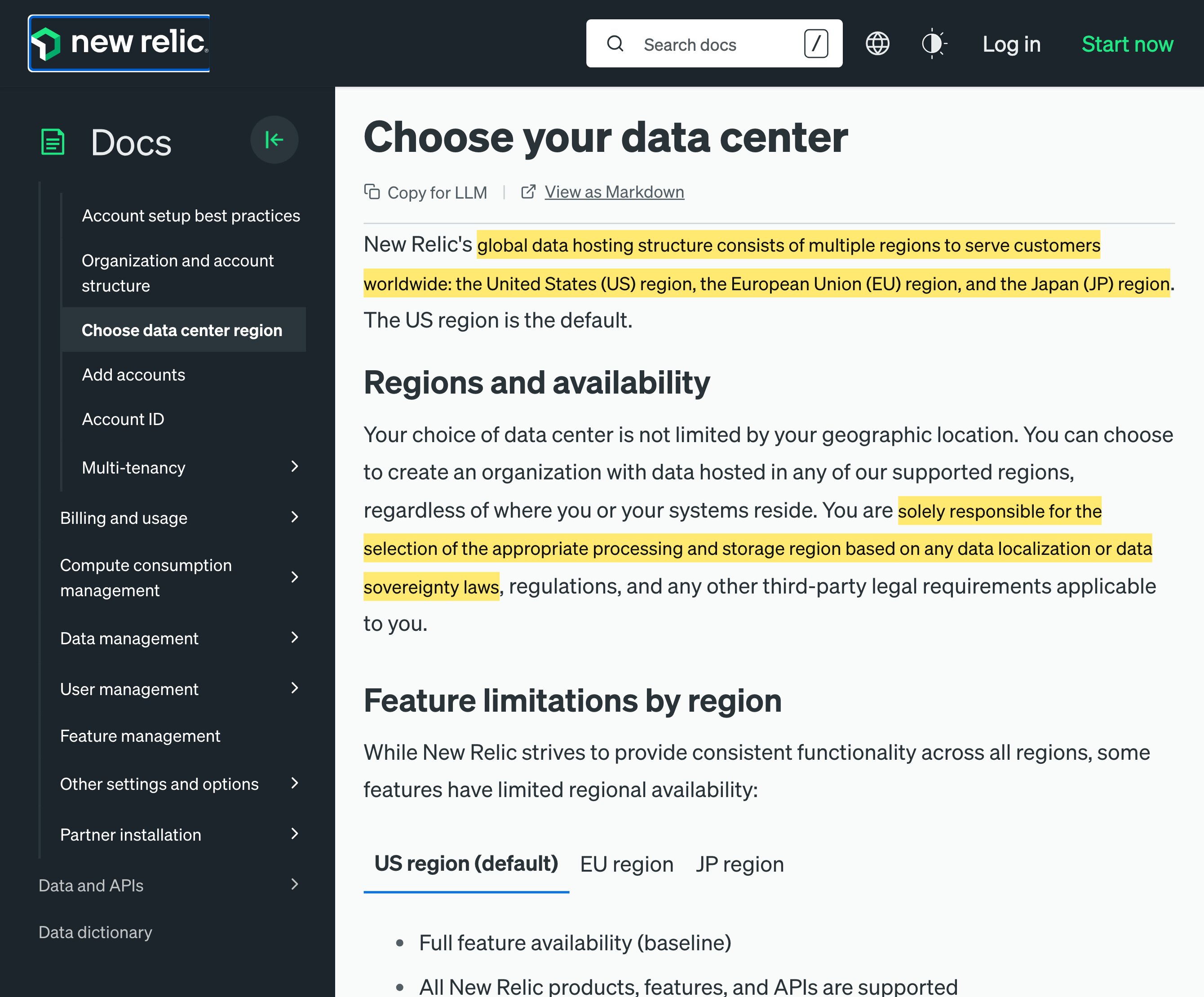 New Relicのドキュメントの「Choose your data center」ページ。データホスティングのリージョンとして米国（US）リージョン、欧州連合（EU）リージョン、日本（JP）リージョンを列挙し、中国本土のリージョンはない