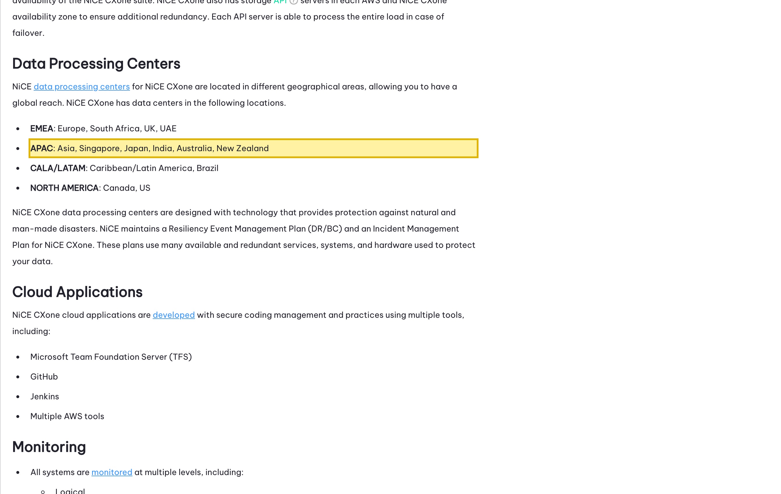 NICE CXone's 'General Platform and Data Protections' documentation listing its Data Processing Centers by region — EMEA, APAC, CALA/LATAM, and North America — with no mainland-China location among them