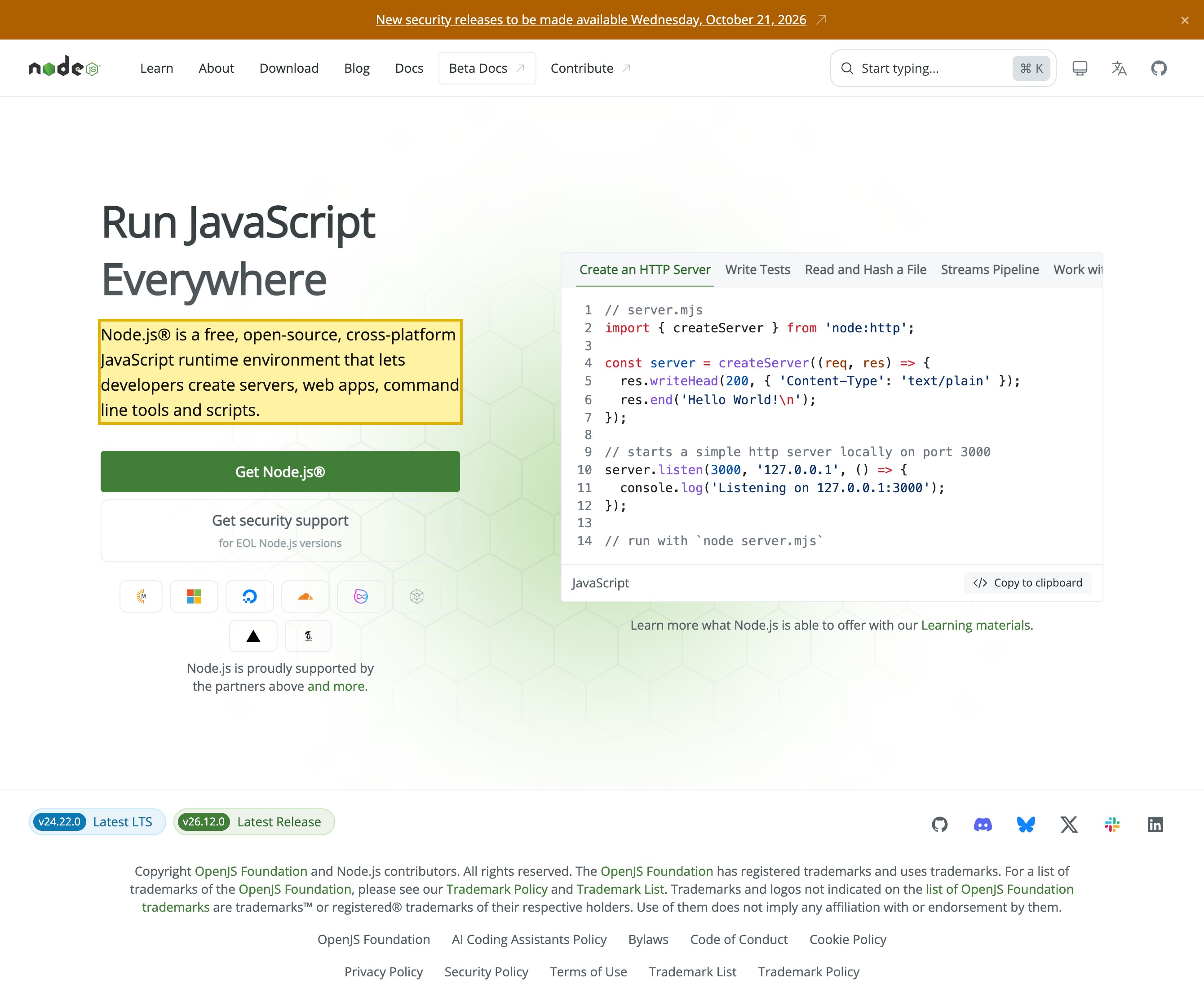 The Node.js official homepage, showing the opening line that describes Node.js as a free, open-source, cross-platform JavaScript runtime environment