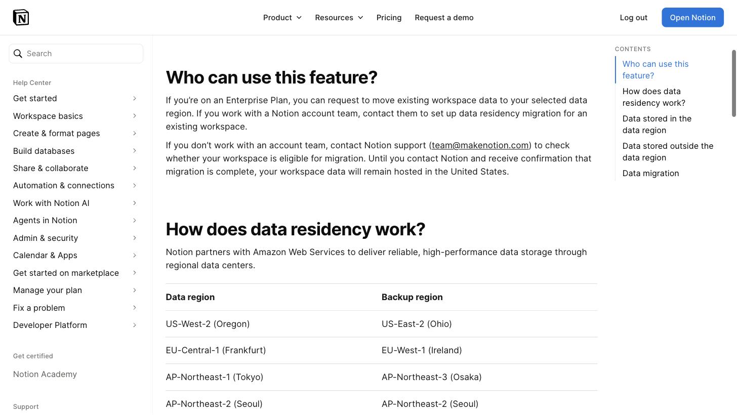 Notion Help Center Data residency page stating that Notion partners with Amazon Web Services and that by default your data will continue to reside in the United States, listing Enterprise data regions in Oregon, Frankfurt, Tokyo and Seoul with no mainland-China region