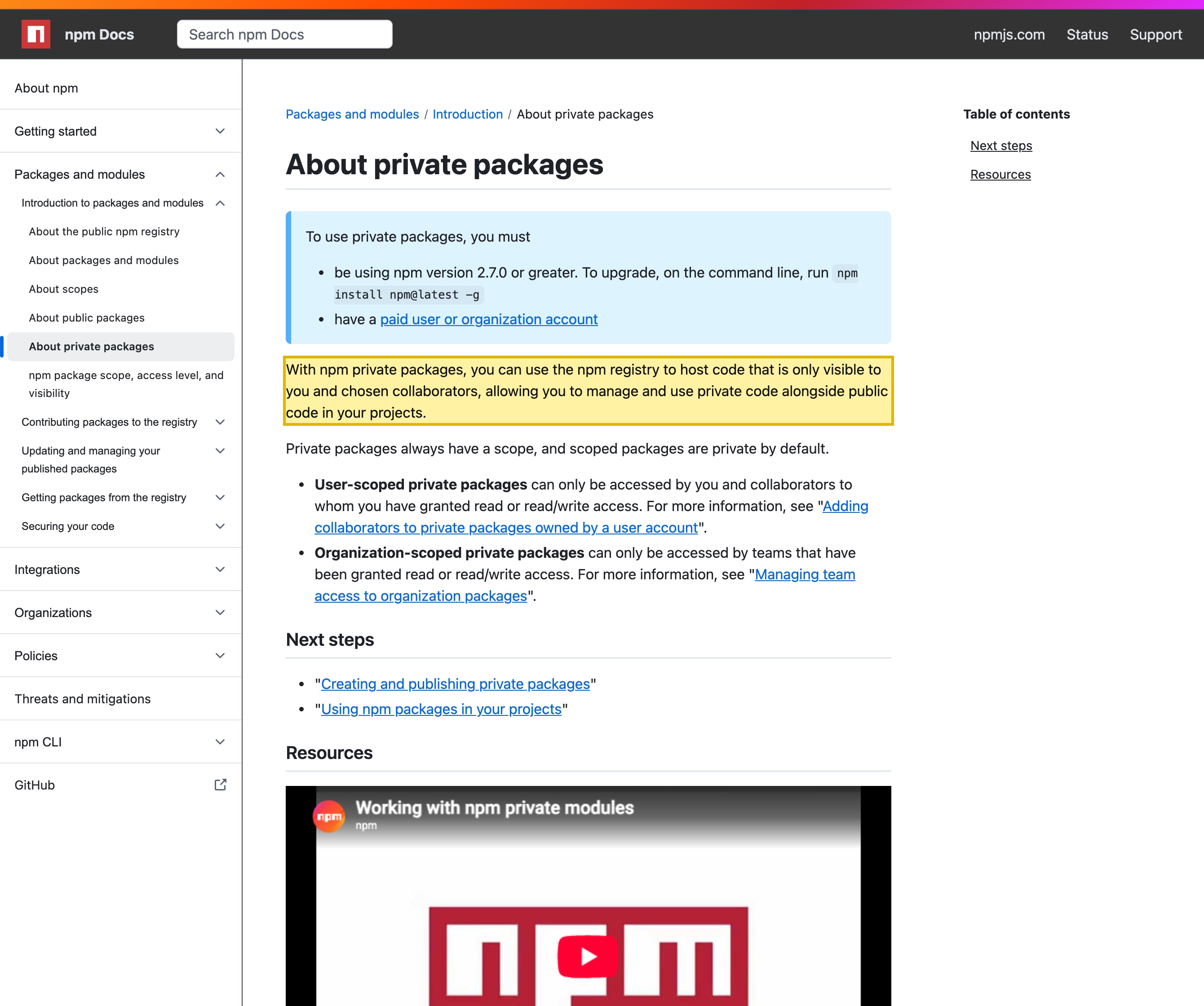 npm official documentation page About private packages, stating that with npm private packages you can use the npm registry to host code that is only visible to you and chosen collaborators — confirming that your private, proprietary packages are hosted on npm's own registry