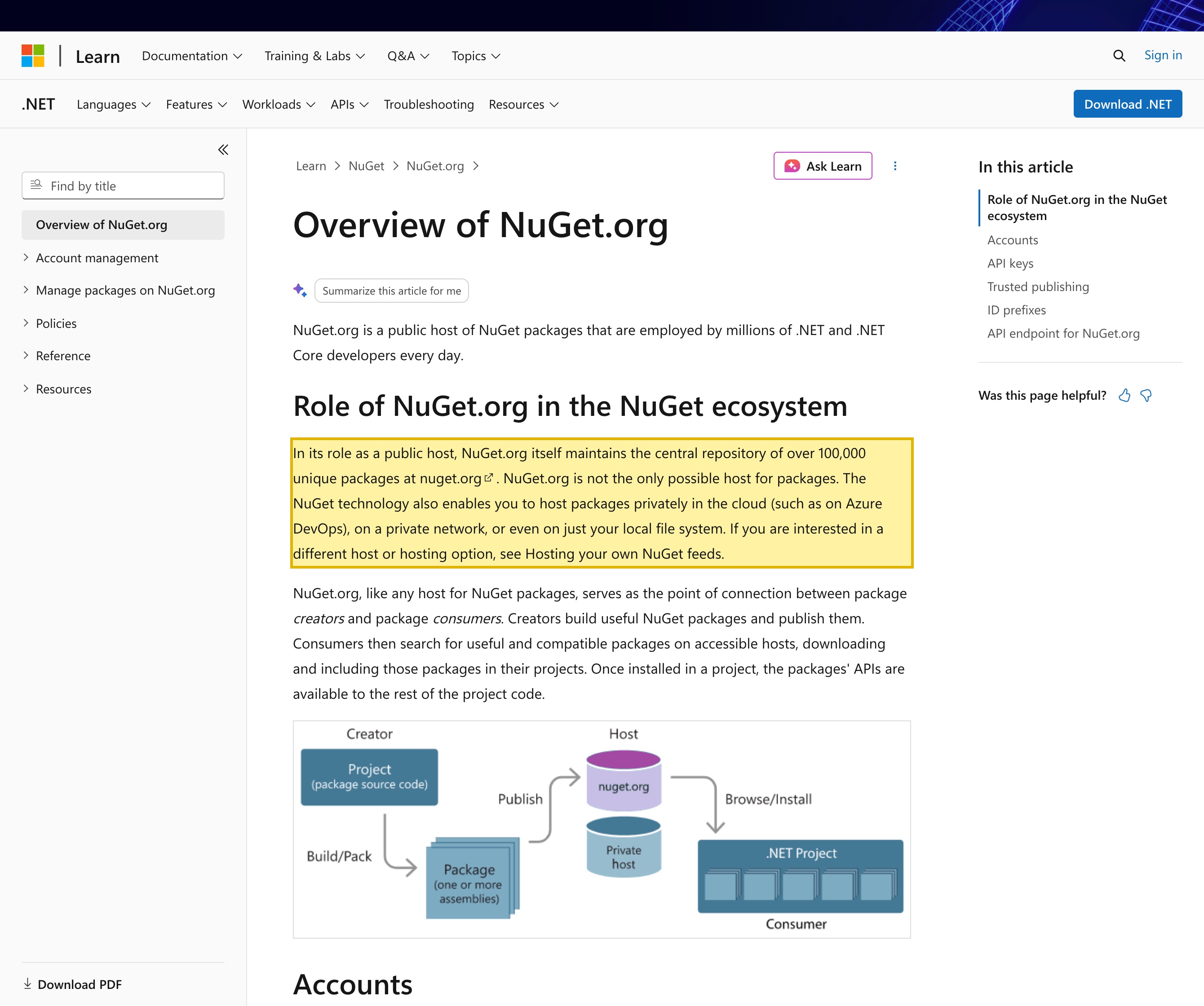 Microsoft Learn Overview of NuGet.org documentation stating NuGet.org is a public host of NuGet packages, and that the NuGet technology also enables you to host packages privately in the cloud, on a private network, or even on just your local file system — confirming nuget.org is the public gallery and that a private, self-hosted feed path exists