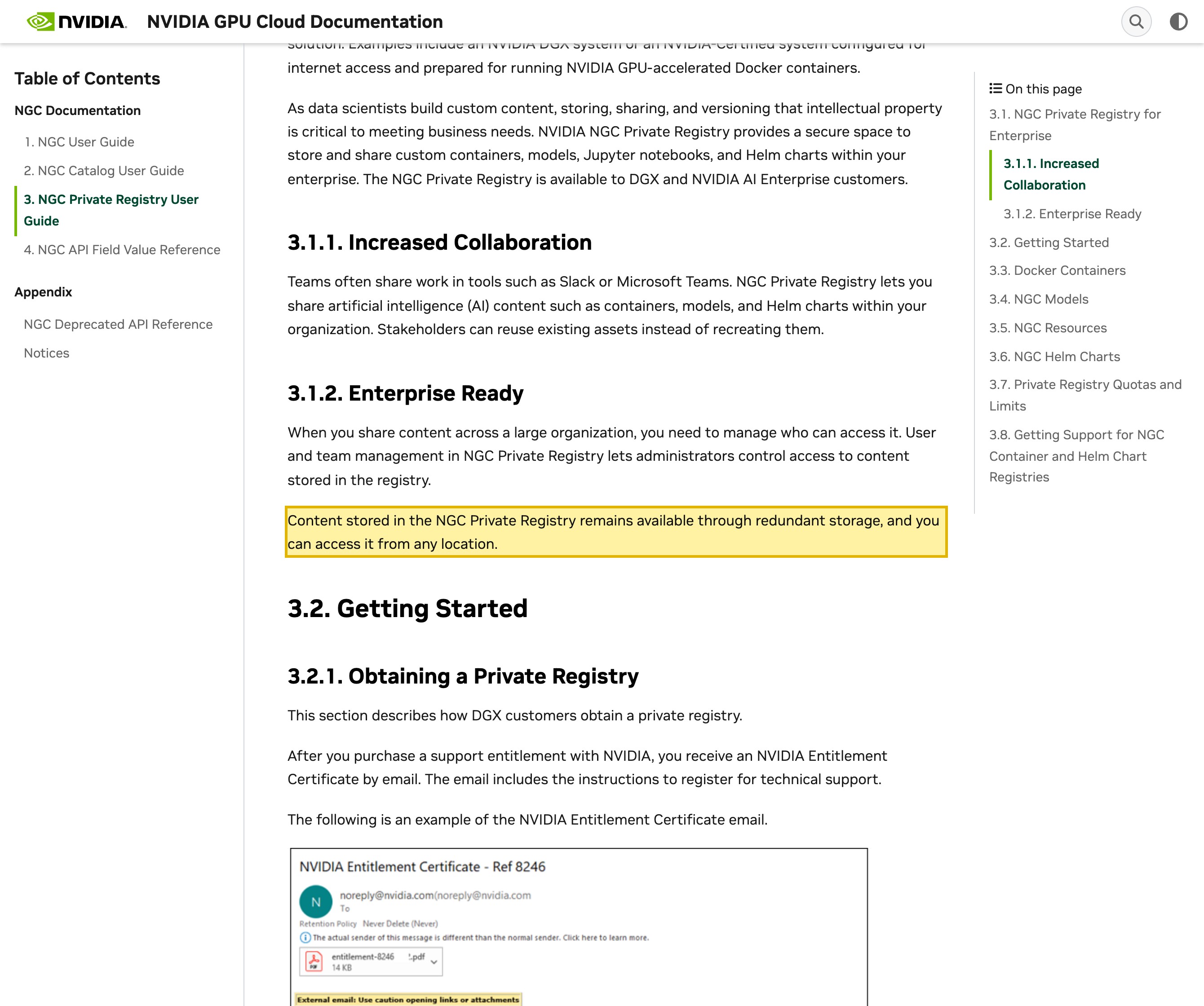 NVIDIA's NGC Private Registry User Guide describing the private registry as a secure space to store and share custom containers, models, Jupyter notebooks, and Helm charts within your enterprise, and stating that content stored in the NGC Private Registry remains available through redundant storage and can be accessed from any location