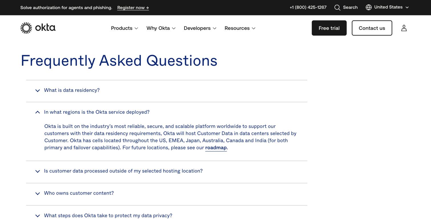 Oktaの「Okta + Data Residency」ページ。アイデンティティのセルが米国・EMEA・日本・オーストラリア・カナダ・インドにあると記載され、中国本土のセルはない