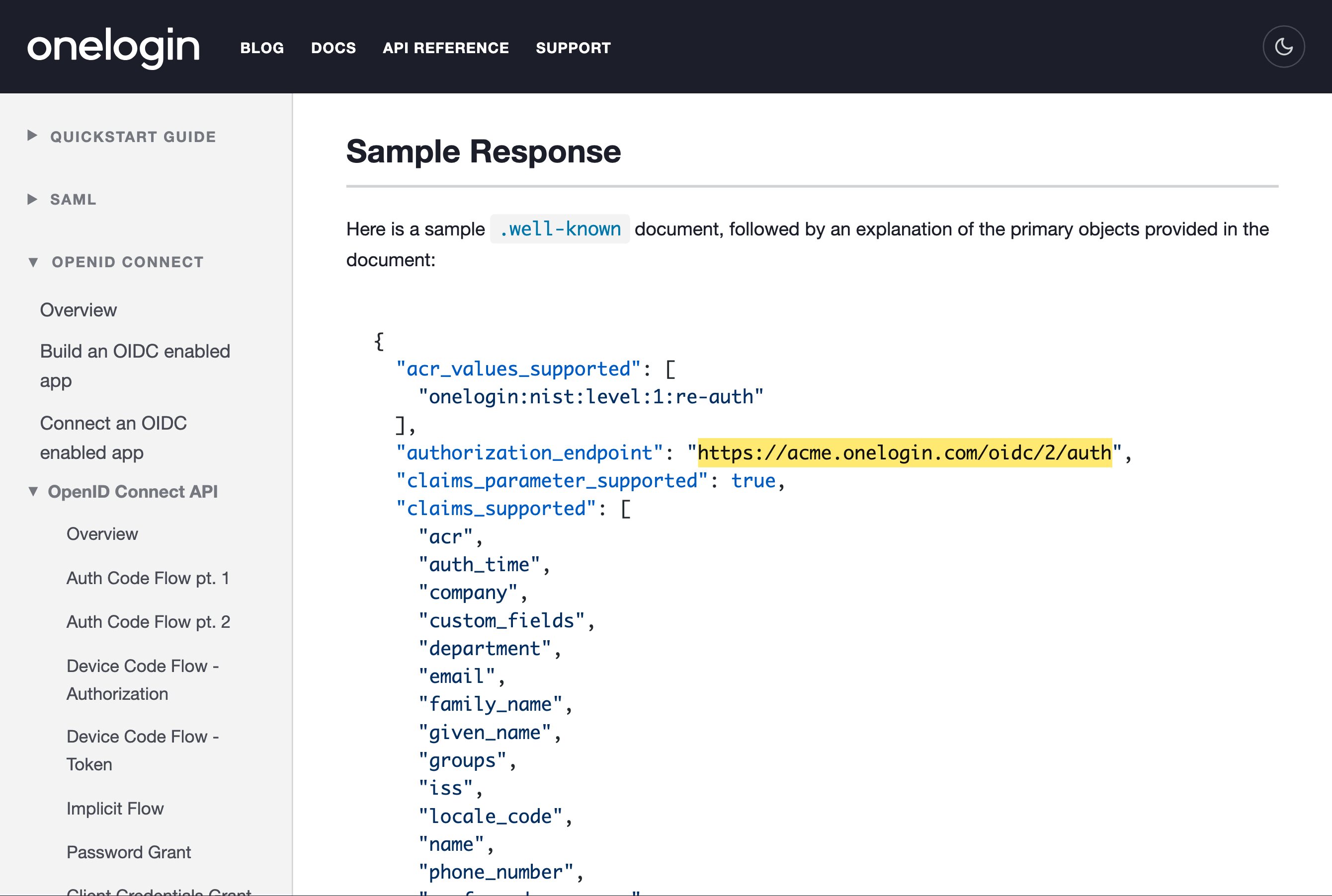 OneLogin developer documentation for its OpenID Connect provider configuration, showing the authorization, token and userinfo endpoints served from a onelogin.com subdomain (https://acme.onelogin.com/oidc/2/auth), with accounts provisioned only in the US or EU and none in mainland China