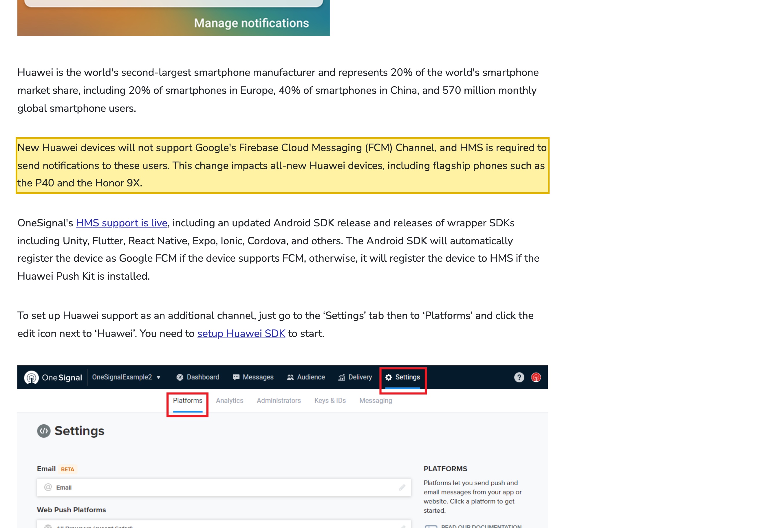 OneSignal's own announcement that it has added support for Huawei Mobile Services (HMS) for Android devices, stating that new Huawei devices will not support Google's Firebase Cloud Messaging (FCM) channel and that HMS is required to send notifications to those users — the manufacturer-channel routing Chinese Android delivery needs when FCM is unavailable